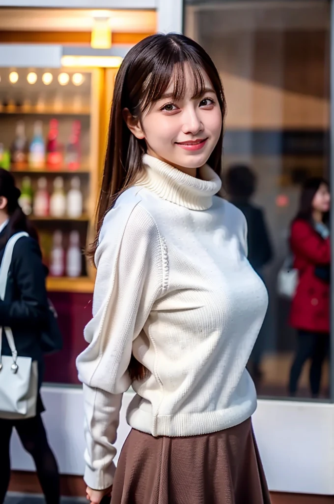 (masterpiece, best quality, perfect anatomy, highres, 8k, realistic, photorealistic, natural skin texture, no makeup:1.2),
a 20-year-old Japanese college student, very cute, black medium hair, very large breasts, standing alone in a bustling urban area of Tokyo during the Christmas season,
the time is 3 PM, the city is slightly darkening, the air is cold, the streets are filled with glowing Christmas lights, a large Christmas tree, and many people,
shop windows are decorated for Christmas, featuring a cute snow globe, she is captivated by the snow globe, standing still, leaning forward slightly while pointing at the snow globe,
looking at viewer, shy smile, she is wearing a tight white turtleneck knit  on her upper body, a brown corduroy mini skirt on her lower body, black pantyhose, brown long boots, brown beret, 
the scene is captured from a side view, a fullbody portrait, jp idol, erogao, tanukigao