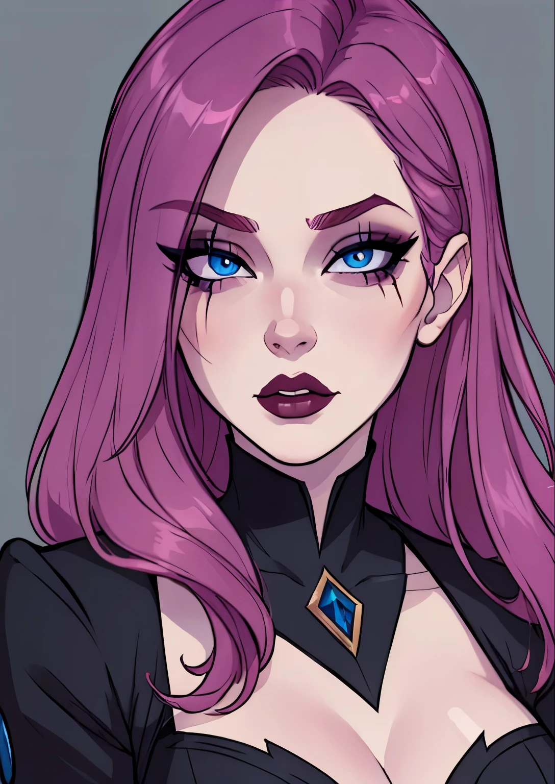 masterpiece, best quality, 1female, beautiful, face portrait, deep makeup, 1girl, face focus, long hair, goth, scar over eye, makeup, pale skin, academiaKat, blue eyes, detailed