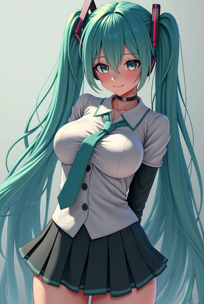 (masterpiece, best quality, cinematic, photorealistic, ultra-detailed), (1girl, Japanese student), thicc, (medium shot, from below:1.5), (smart-looking girl wearing white short-sleeved blouse with a sailor-style collar and a ribbon tie:1.4), (navy blue pleated skirt that falls just above the knees:1.4), (green hair, long wavy hair:1.2), perfect hands, perfect face, (bursting breasts, large chest:1.4), (seductive pose:1.2), (black eyes, soft and shimmery eyeshadows, detailed pupils, defined eyelashes), (blushing, slightly parted lips, fluffy lips, red lips:1.2), (gradient background:1.2), (looking at the viewer, chin up:1.4), (standing, sensual pose:1.4), burning hot chic, arms on the head