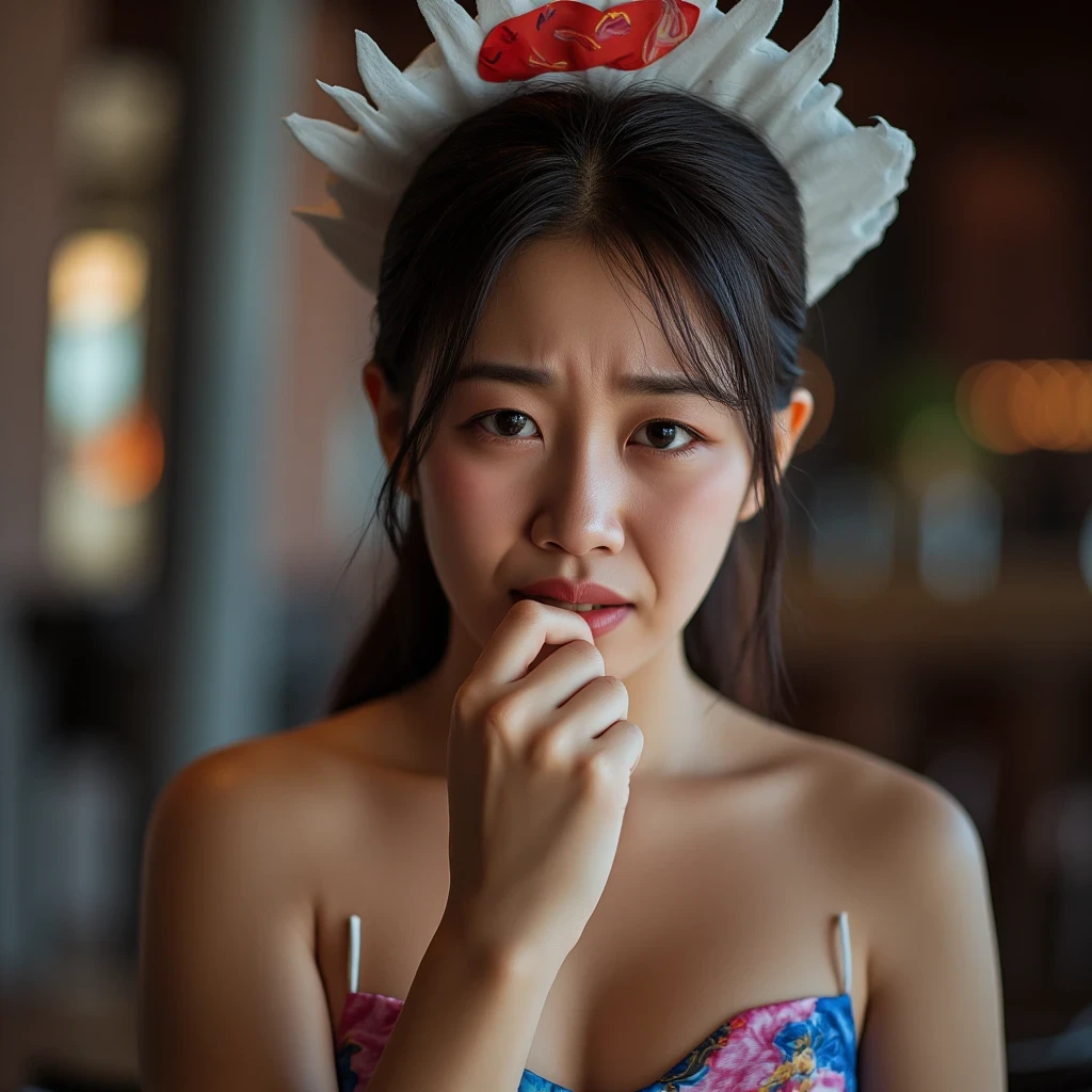 Best Picture Quality, Masterpiece Level, Ultra High Resolution, Realism, Fantasy Theme, Head Close-Up, A Girl, Single, Scatter, Chinese Architecture, Indoor, First-Person Perspective, Phoenix Headdress, Floral Dress, Get Detailed Interior Lighting and Cinematic Lighting, Increase Detailed Overall Ambient Light, Face and Eye Detail, Improve Face Detail Realism, Clear Sharp Focus, Sobbing, Mouth Biting, Frowning, Bright Eyes, Simple Background, Sony Master Lens.