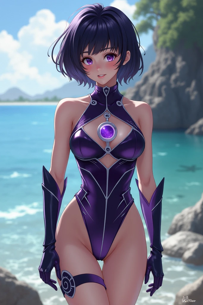 (shylily/(Twich/):1.5),(masterpiece:1.2),(best quality:1.2),Delicate face、1 girl、bob cut、Dull bangs、Evil smile、Small Breasts、One piece swimsuit、Cowboy shooting、Blue sky、Swimming pool background