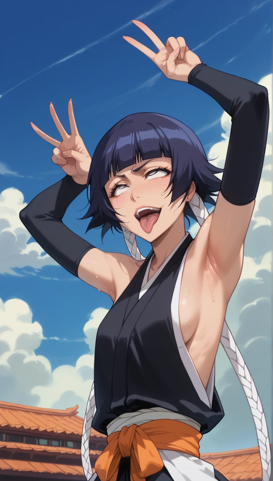 whole body、、     sweated、   、close-up、、、Soi Fon、 、Bleach、Bleach、Black Hair, 1girl, breasts, soifon, japanese clothes, sideboob, hip vent, detached sleeves, bare shoulders, small breasts, armpits, showing armpits, arms up,  seductive smile, seductive eyes,rolling eyes,white eyes,sleeply,open mouth,more sweat.