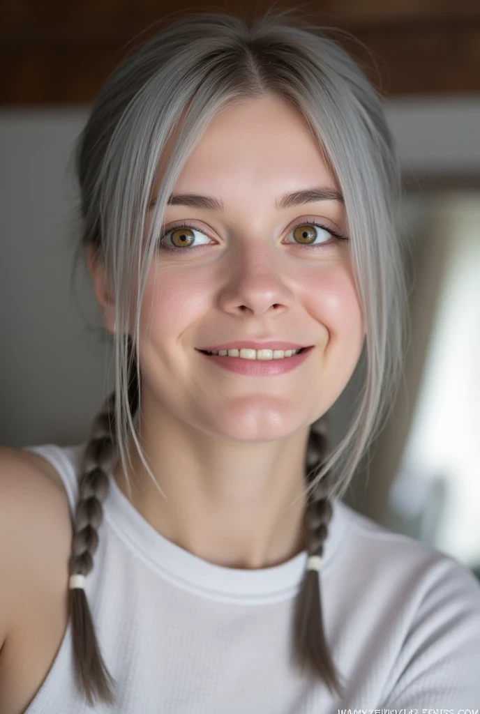 Top quality, high image quality, masterpiece, gray hair, golden eyes, white clothes, looking up, upper body, hair strands, fair skin, side braids, smiling, double teeth