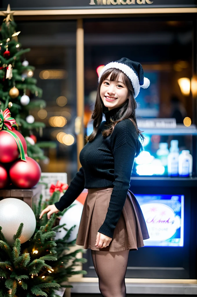 (masterpiece, best quality, perfect anatomy, highres, 8k, realistic, photorealistic, natural skin texture, no makeup:1.2),
a 20-year-old Japanese college student, very cute, black medium hair, very large breasts, standing alone in a bustling urban area of Tokyo during the Christmas season,
the time is 3 PM, the city is slightly darkening, the air is cold, the streets are filled with glowing Christmas lights, a large Christmas tree, and many people,
shop windows are decorated for Christmas, featuring a cute snow globe, she is captivated by the snow globe, standing still, leaning forward slightly while pointing at the snow globe,
looking at viewer, shy smile, she is wearing a tight white turtleneck knit  on her upper body, a brown corduroy mini skirt on her lower body, black pantyhose, brown long boots, brown beret, 
the scene is captured from a side view, a fullbody portrait, nekogao