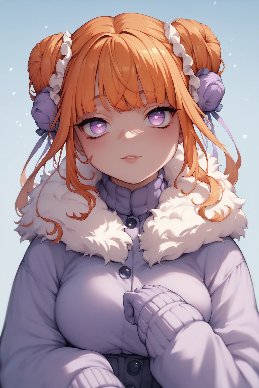 score_9, score_8_up, score_7_up, high resolution, 1girl, looking at viewer, beautiful face, detailed pupils, orange hair, triple bun, fringed bangs, light purple eyes, breasts, winter outfit, winter