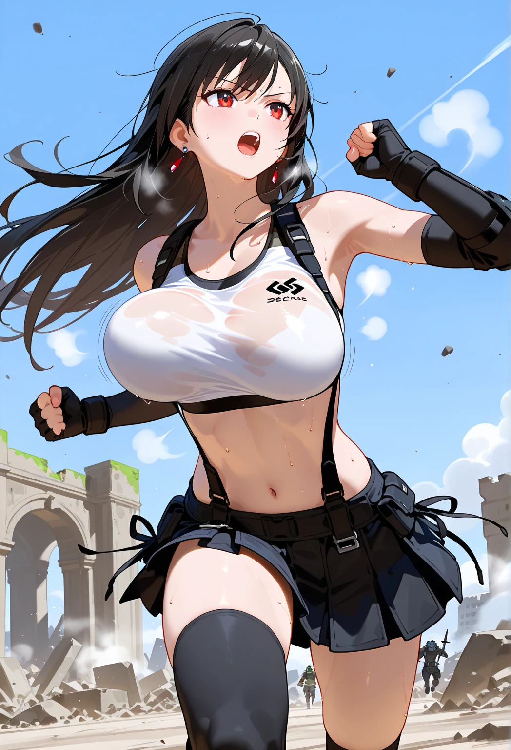  Ultra Realistic Photo  、  RAW photo 、  realism 、  3d rendering、 Unity Engine , break 11人の女の子, Alone, 7rtif,  red eyes,  long hair tied low ,  black hair,  earrings,  sports bra,  black suspenders,  PLEATED MINI SKIRT ,  black thigh high socks, Arm guard,  elbow gloves , Fingerless gloves,  Big Breasts ,break スカートをはためく, Wind Fluttering Skirt,break ancient arena, historical, giant structure, stone built, ruins, Grand, intense battle, enemies, warrior, dynamic, exciting、 break (upper body, bust up)、(see-through sports bra:1.3)break (running,bouncing breasts:1.2,sweat,steam)