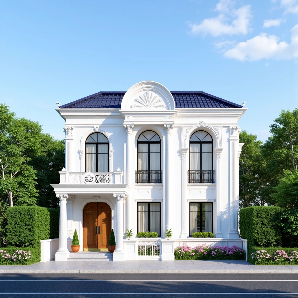 masterpiece, (photorealistic:1.2), best quality, ultra high res, exterior,architechture,modern house,white wall, glass windows,,trees,traffic road,design,trees around, blue sky,in the style of realistic hyper-detailed rendering, 32k uhd, Small Two stories Modern Neoclassicism villa, in the style of neoclassical scenes, white, (dark navy roof:1.2), daylight, decorative art nouveau, les nabis, masterpiece,ultra realistic,32k,extremely detailed CG unity 8k wallpaper, best quality