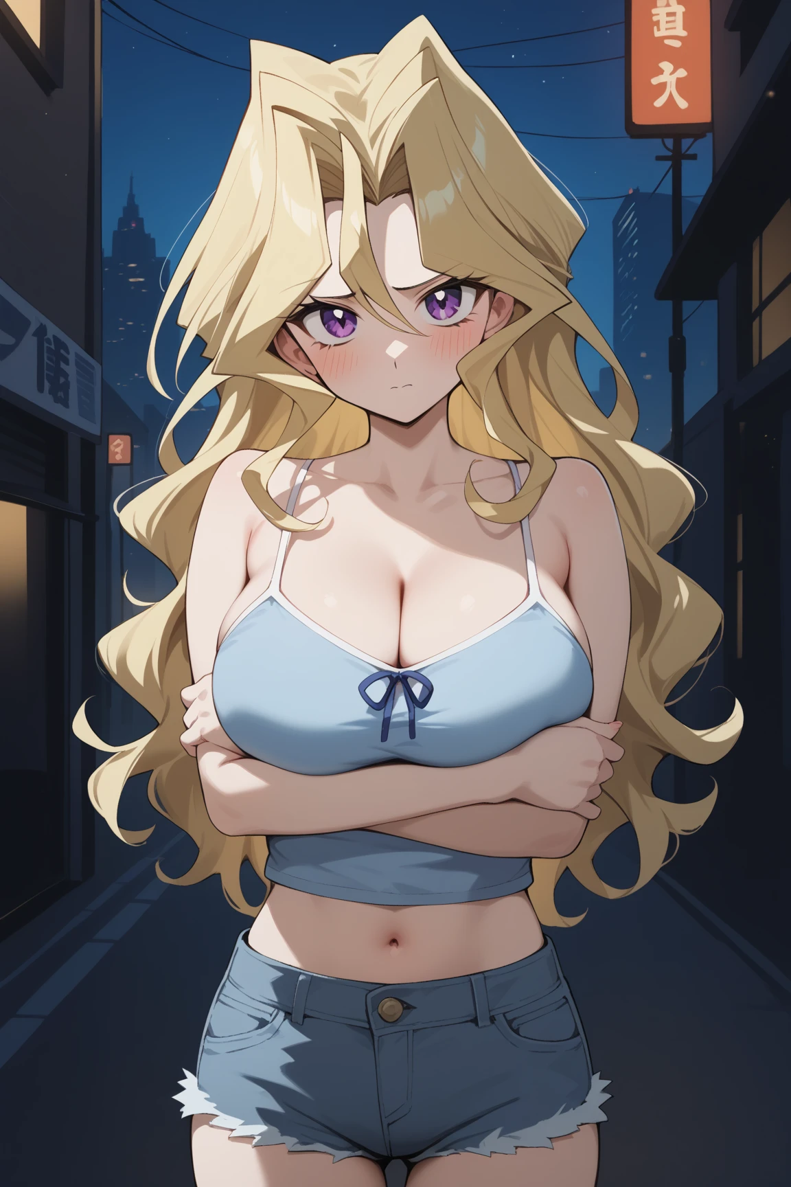 Kujaku Mai,megami magazine,long hair,blonde hair,wavy hair,M-shaped bangs,hair between eyes,purple eyes,large breasts,
camisole, bare shoulders, cleavage, crop top, cutoffs, denim shorts, midriff, short shorts, spaghetti strap,
1girl,(is embarrassing,big blush,closed mouth,steam:1.0),
((standing,cowboy shot,looking at viewer,breast hold:1.2)),
(night city background:1.0),clothed