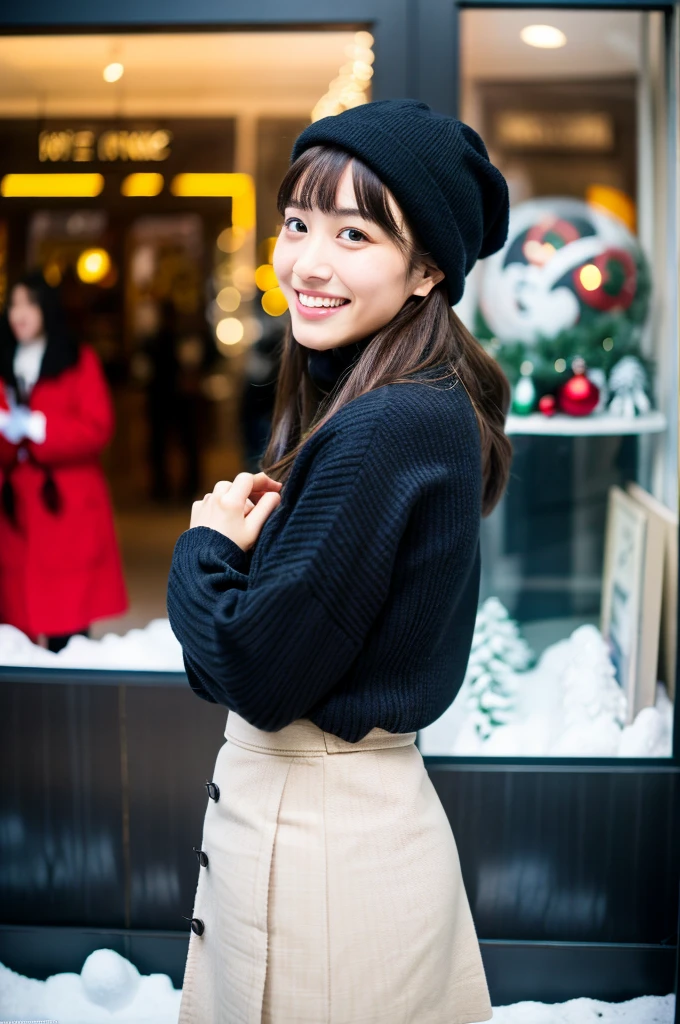 (masterpiece, best quality, perfect anatomy, highres, 8k, realistic, photorealistic, natural skin texture, no makeup:1.2),
a 20-year-old Japanese college student, very cute, black medium hair, very large breasts, standing alone in a bustling urban area of Tokyo during the Christmas season,
the time is 3 PM, the city is slightly darkening, the air is cold, the streets are filled with glowing Christmas lights, a large Christmas tree, and many people,
shop windows are decorated for Christmas, featuring a cute snow globe, she is captivated by the snow globe, standing still, leaning forward slightly while pointing at the snow globe,
looking at viewer, shy smile, she is wearing a tight white turtleneck knit  on her upper body, a brown corduroy mini skirt on her lower body, black pantyhose, brown long boots, brown beret, 
the scene is captured from a side view, a fullbody portrait, nekogao