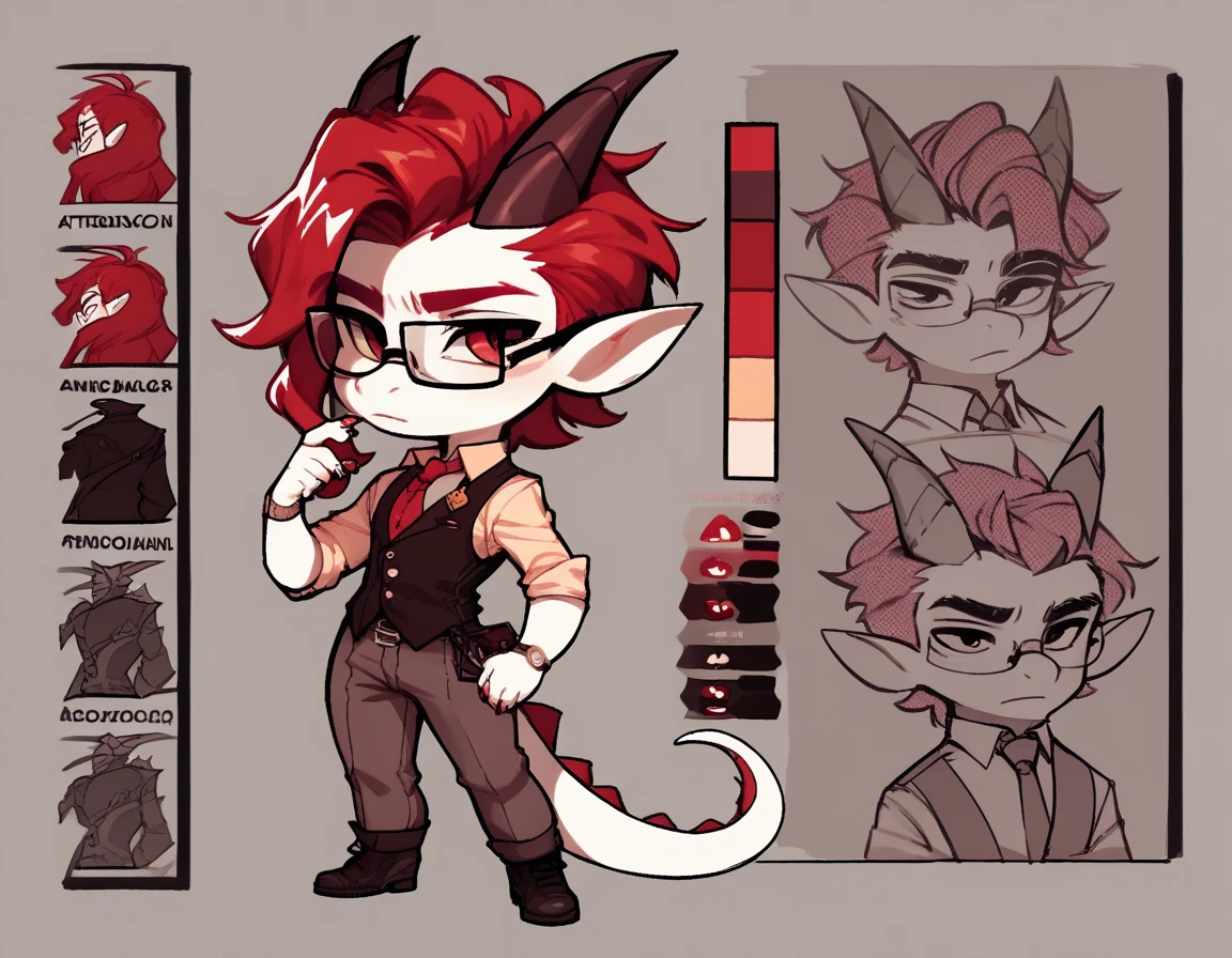 ultra-detailed, masterpiece, masterwork, high quality, best quality, hdr, ((reference sheet, three views from front, back and side, costume setup materials)), posted on e621, (by hioshiru), nsfw, male, chibi, (red little body minotaur), hairy dragon, (long silver hair, yellow eyes, white chubby body), standing, (nude, foreskin, perfect balls)