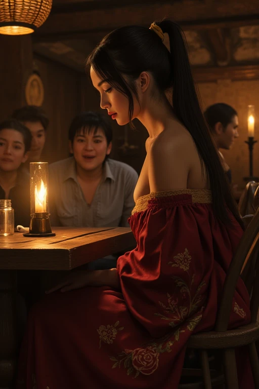 painting of Conan the Barbarian kissing a woman in a room tavern at night, flames, portraits,[oil painting],[detailed characters],[vivid colors],[dimmed lighting],[romantic atmosphere],detailed facial features,warrior with strong muscles and determined expression,feminine charm of the woman with mesmerizing eyes,flowing hair and ruby-red lips,soft candlelight casting warm glow,crackling fire in the fireplace creating a cozy ambiance,barrel tables and wooden chairs adding rustic elements in the room,bottles of wine and tankards of ale on the tables,smoke swirling in the air from the flames,Book of Spells on a dusty shelf,Decorative swords and shields hanging on the walls,bricks and wooden beams creating the rustic architecture,enchanted atmosphere in the tavern,intimate moment captured in the painting,bringing the characters to life,contrast between the powerful warrior and delicate woman,photo-realistic details showcasing every brushstroke,masterpiece that tells a captivating story.