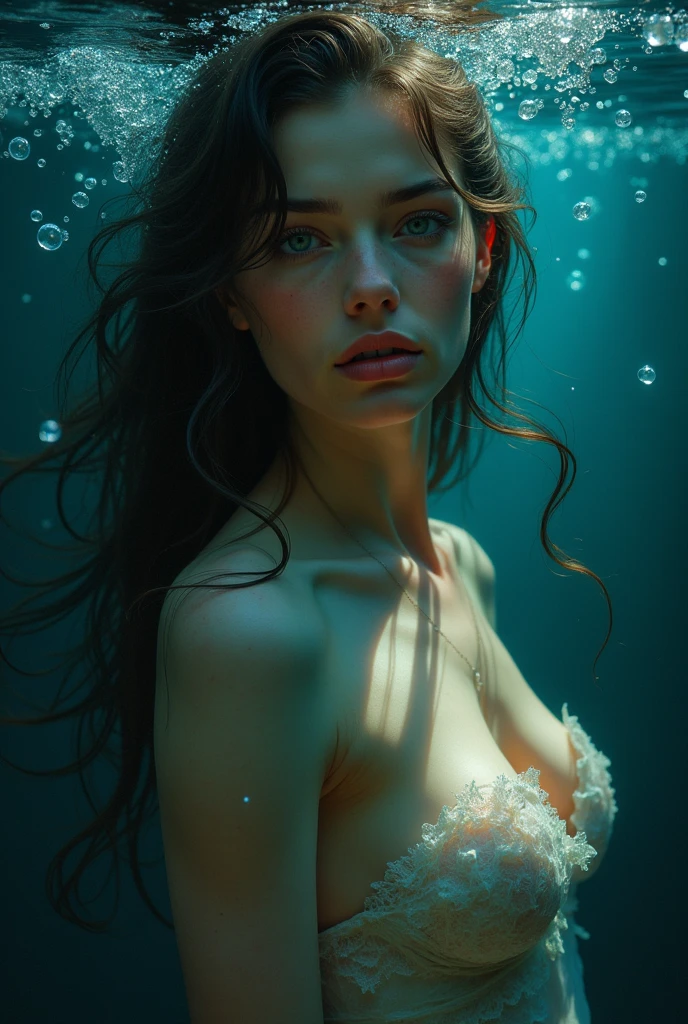 stunning realistic picture, masterpiece, high detail, small touches, positive and joyful tones, use natural color, chic (nude:1.7) девушка-25 лет belt в воде, angle (half a girl in the water:1.6) ((belt)), that part of the body that is visible in the water, the water is crystal clear and transparent, hair is wet, There are drops of water on the body, straightens hair with hands, nude вся, raw style art, characterized by bright and delicate colors, thick textured paint, intense black strokes, and affected parts ral-drptpl , half of my lens is shooting a girl underwater, the second part of the camera is above the water, divide the picture into two parts: underwater 50% and above water 50%