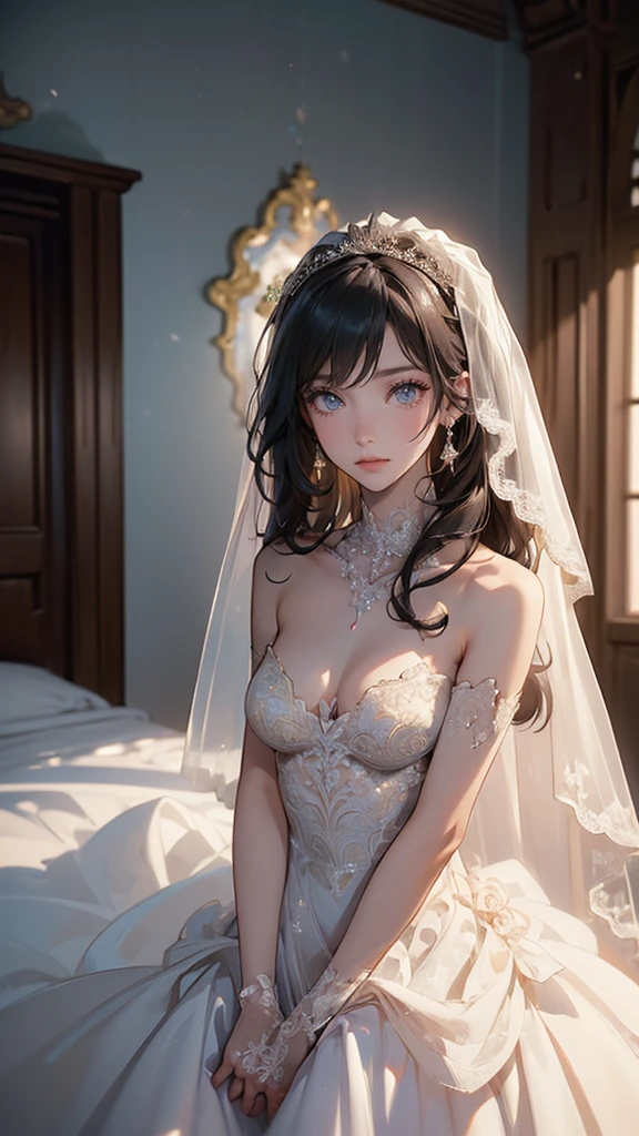 absurdres, RAW photo, extremely delicate and beautiful, masterpiece, Best Quality, ultra high resolution, 32k, hyperrealistic, ultra-detailed, detailed description, pale skin, 20 years old, detailed beautiful face and eyes, tearful mole, earring, Colossal tits, short medium hair, wavy hair, full body shot, alone, Victorian, dress,