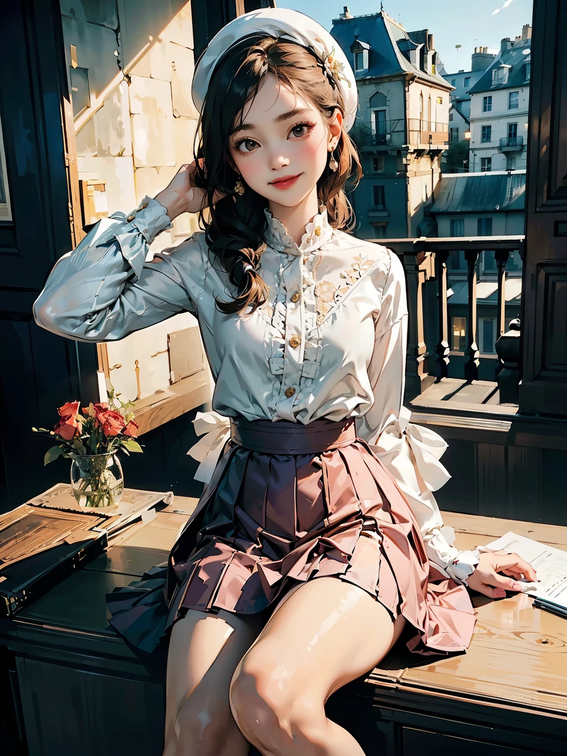 Top quality, 8K, Masterpiece: 1.3, perfect style, (red small rose flowers), (yellow small rose flowers), (white small rose flowers), dark brown wood planter, elegant eyebrow, (natural eyelid), (female slim eyes), female smaller nose, light-pink lips, small elegant ear accessory, skin shadow,  dark background, flushed, stylish beret on head, walking towards viewer, attractive feminine body, beautiful, most famous in the world, ultra realistic, Photoreal, (Increased resolution), (8K), (Extremely detailed), (best photos), (Best Quality), (Ultra detailed), Masterpiece, (wall paper), (Detailed face), solo, 1 refined woman, ((looking at viewer)), fine details, detailed face, ((half-smiling)), flushed, feminine hairdo, white cardigan on white blouse, wearing traditional flared skirt on pantyhose on healthy thigs, in the dark, deep shadow, low key, cold light, high resolution, French princess things, in high floor guest room, remote North France city view from window in high floor