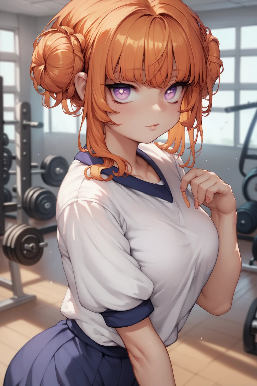 score_9, score_8_up, score_7_up, high resolution, 1girl, looking at viewer, beautiful face, detailed pupils, orange hair, triple bun, fringed bangs, light purple eyes, breasts, gym, school, gym uniform, 