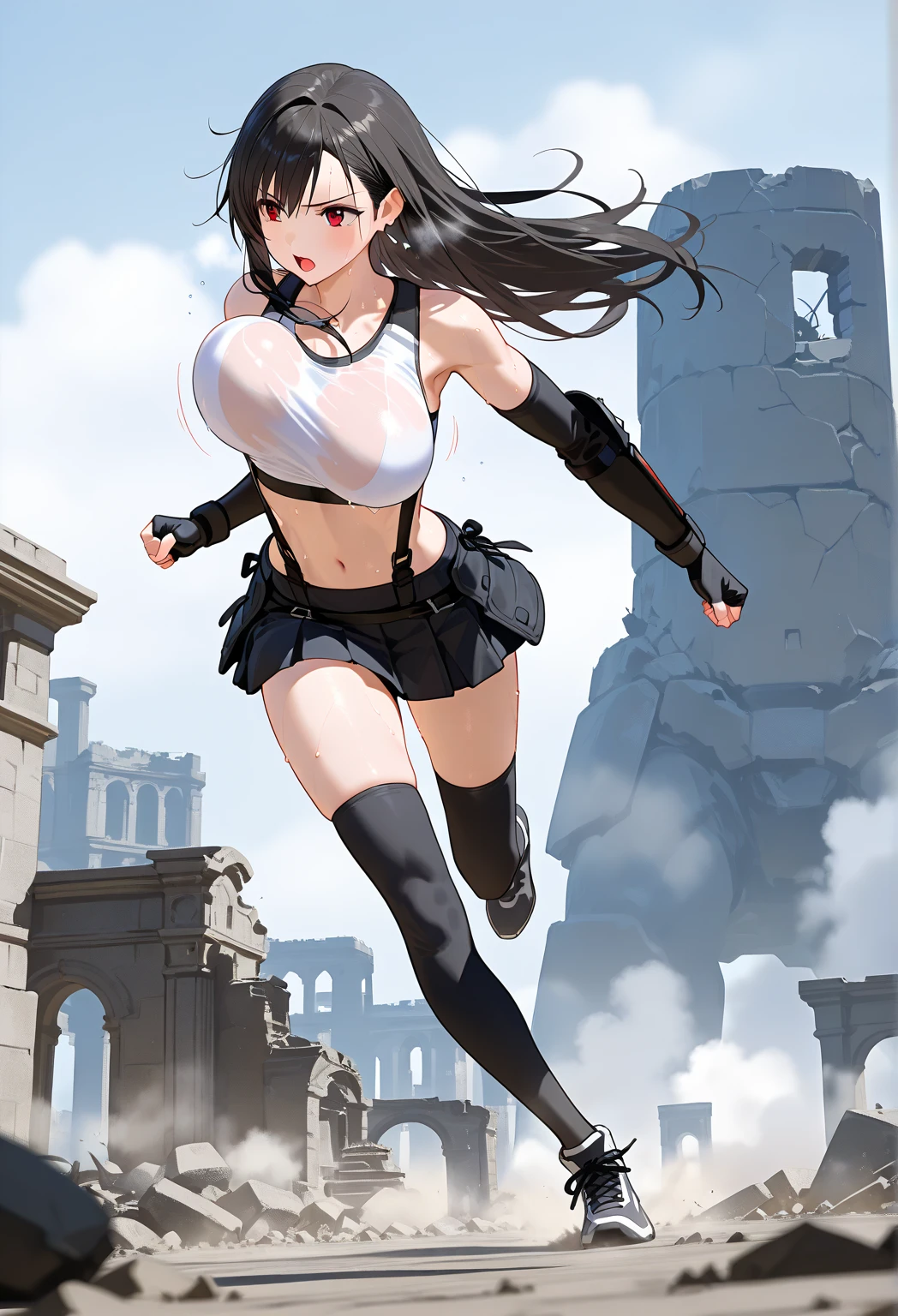  Ultra Realistic Photo  、  RAW photo 、  realism 、  3d rendering、 Unity Engine , break 11人の女の子, Alone, 7rtif,  red eyes,  long hair tied low ,  black hair,  earrings,  sports bra,  black suspenders,  PLEATED MINI SKIRT ,  black thigh high socks, Arm guard,  elbow gloves , Fingerless gloves,  Big Breasts ,break スカートをはためく, Wind Fluttering Skirt,break ancient arena, historical, giant structure, stone built, ruins, Grand, intense battle, enemies, warrior, dynamic, exciting、 break (upper body, bust up)、(see-through sports bra:1.3),break (running,sweat,steam),(bouncing breasts:1.2)