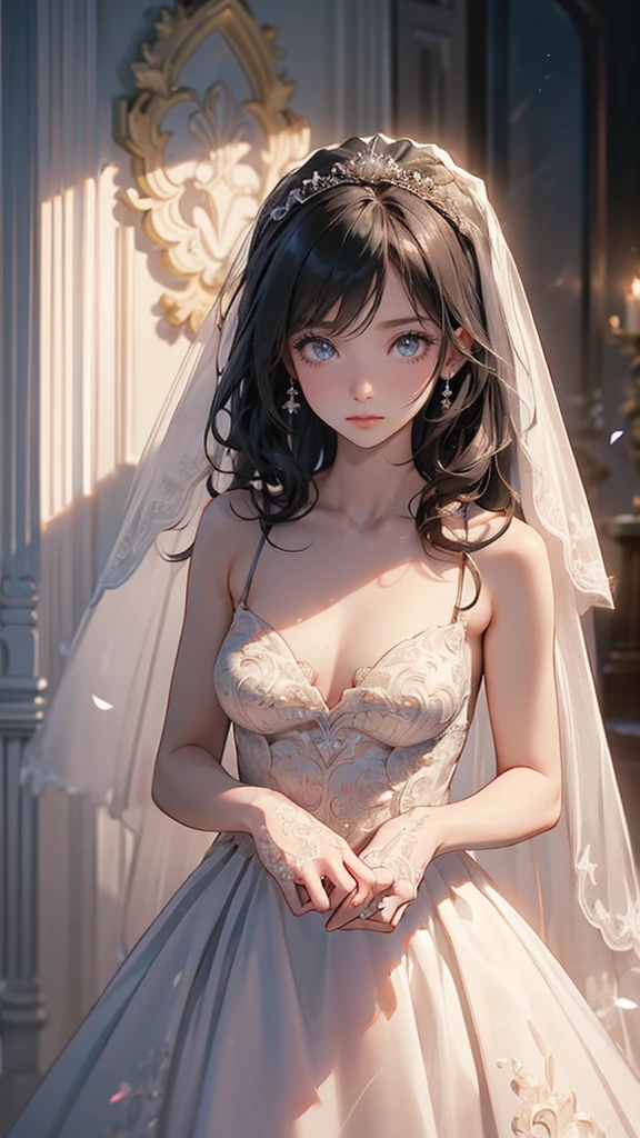 concept:beautiful woman portrait。 quality:(highest quality, 8k, 4K, High resolution, masterpiece:1.2), Super detailed, (real, photorealistic:1.37), lighting effects:cinematic light, Bright colors and mesmerizing effects, soft and delicate illumination, gentle shine, Lens flare, Subject information:alone, ((young woman)), (narrow eyes), (small face), (high detail skin:1.2), long eyelashes, glossy lips, (bionde, long hair, Blue eyes), slim body shape:1.4, Highly detailed face and skin texture, tears of joy, facing the front:1.2, photo shootのためポーズをとる, (((pure white wedding dress:1.2, Pure Bride Costume:1.2, beautiful veil, Dress embroidery using delicate techniques, dress with delicate lace))), I'm so moved that I burst into tears, Laughing and crying, Other details:Chapel:1.5, standing pose:1.2, beautiful skin, shiny skin, perfect fingers, five fingers, anatomically correct, background bokeh, Lens flare, 300㎜, f/4, photo shoot,
sultry look, seductive,