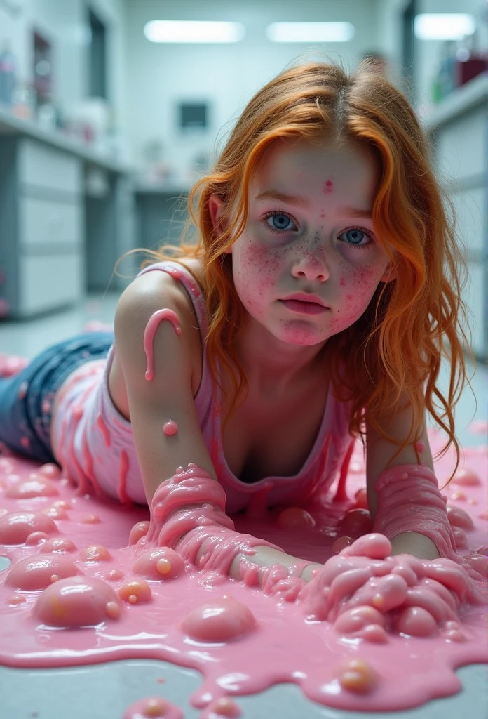 ultra realistic photograph of a pre teen girl in a lab, laying on the floor, covered in pink liquid, pink acid slime bubbles, ginger girl with freckles, wearing a tank top and jeans