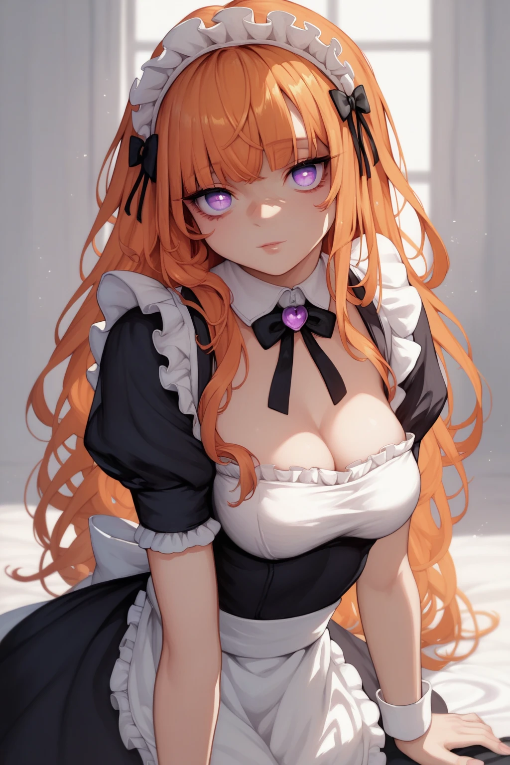 score_9, score_8_up, score_7_up, high resolution, 1girl, looking at viewer, beautiful face, detailed pupils, orange hair, long hair, fringed bangs, light purple eyes, breasts, maid outfit 