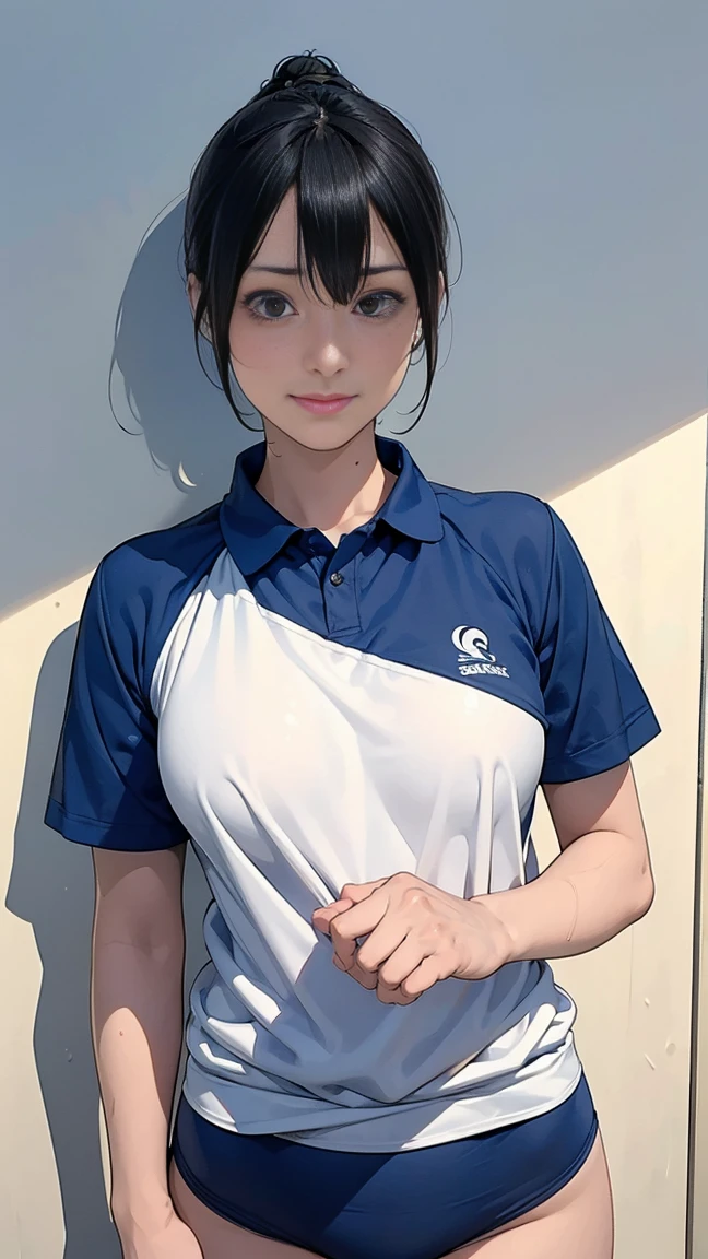 highest quality、Realistic、female、14 years old、zoom、Chestnut Hair、Blue Eyes、short hair、athlete、White polo shirt、White pleated skirt、athlete、muscle、Abdominal muscles、Glasses、Sunburned、Tan、Brown Skin、From below、Jump、smile、Looking down、、Small breasts、Bust Shot、