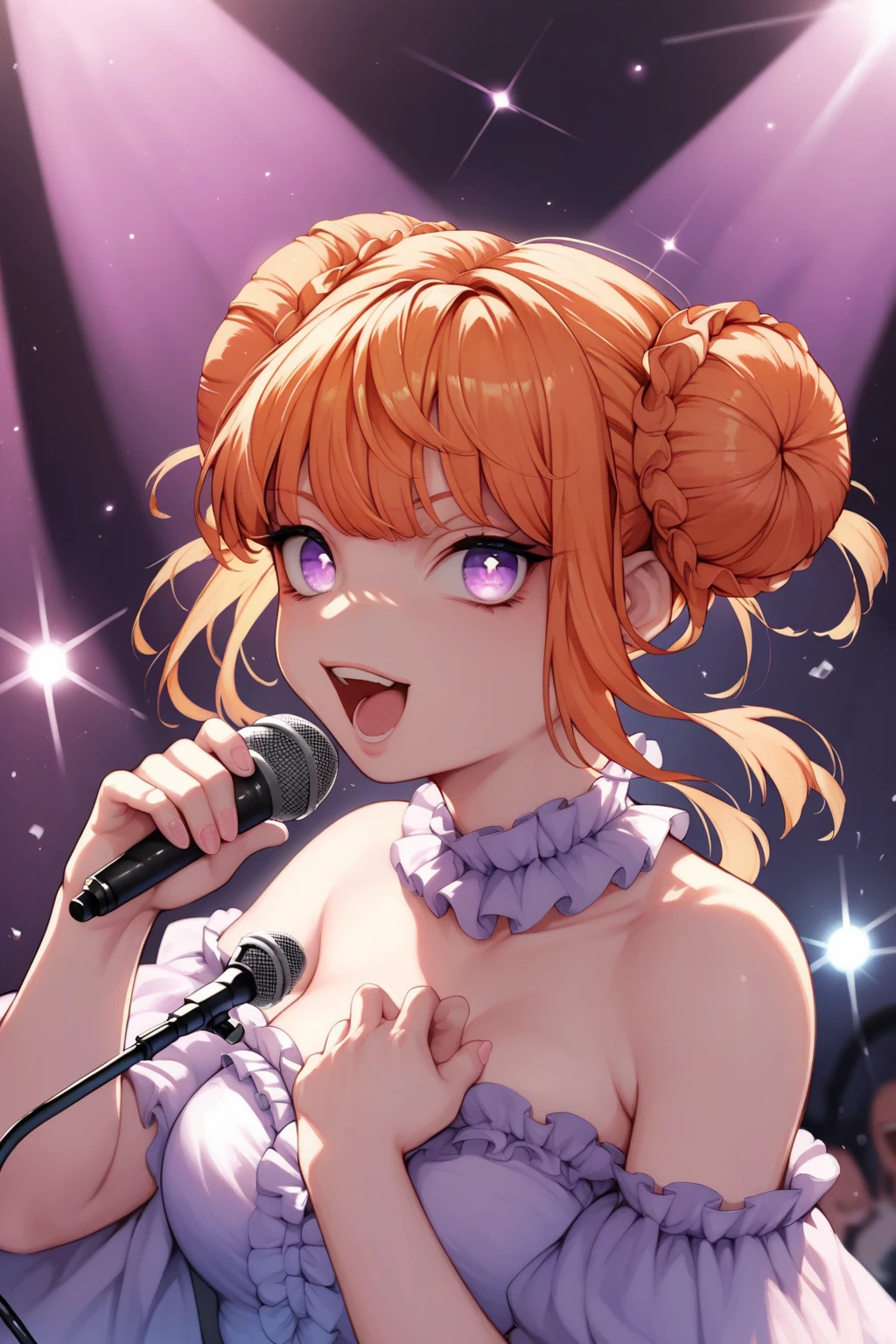 score_9, score_8_up, score_7_up, high resolution, 1girl, looking at viewer, beautiful face, detailed pupils, orange hair, triple bun, fringed bangs, light purple eyes, breasts, singing, mic, stage