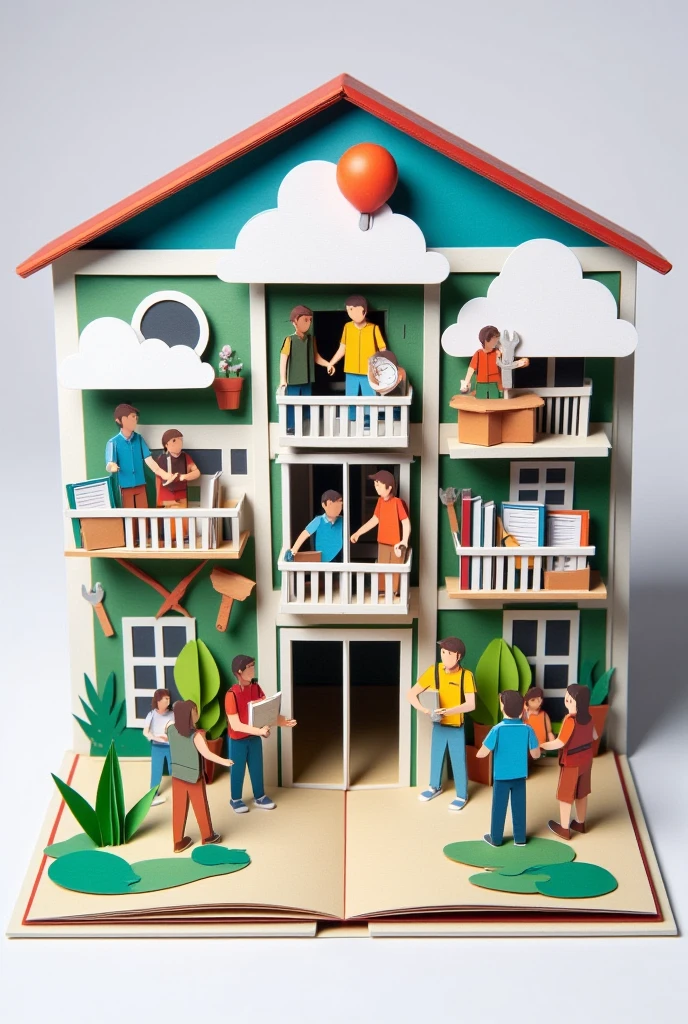 "An origami-style image of a house representing the concept of 'oikos' with people sharing knowledge, books, and tools, symbolizing the connection between education and the economy."

