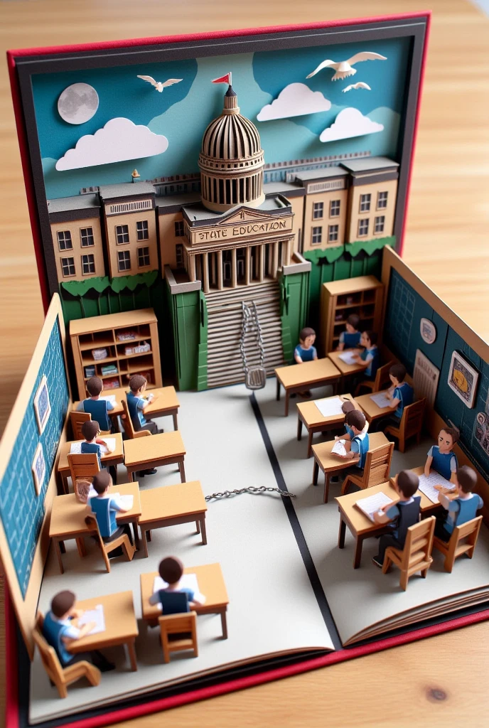 "An origami-style image of a classroom resembling a prison, with ren sitting at desks in rows and chains connected to a giant government building labeled 'State Education'."

