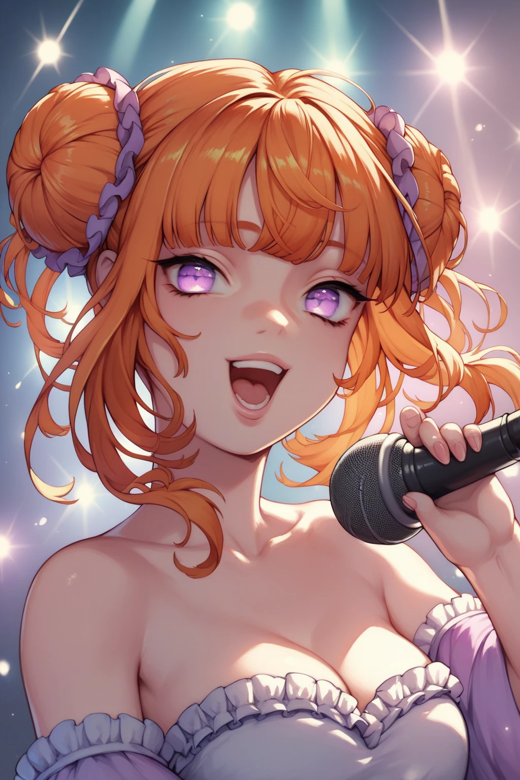 score_9, score_8_up, score_7_up, high resolution, 1girl, looking at viewer, beautiful face, detailed pupils, orange hair, triple bun, fringed bangs, light purple eyes, breasts, singing, mic, studio, street wear