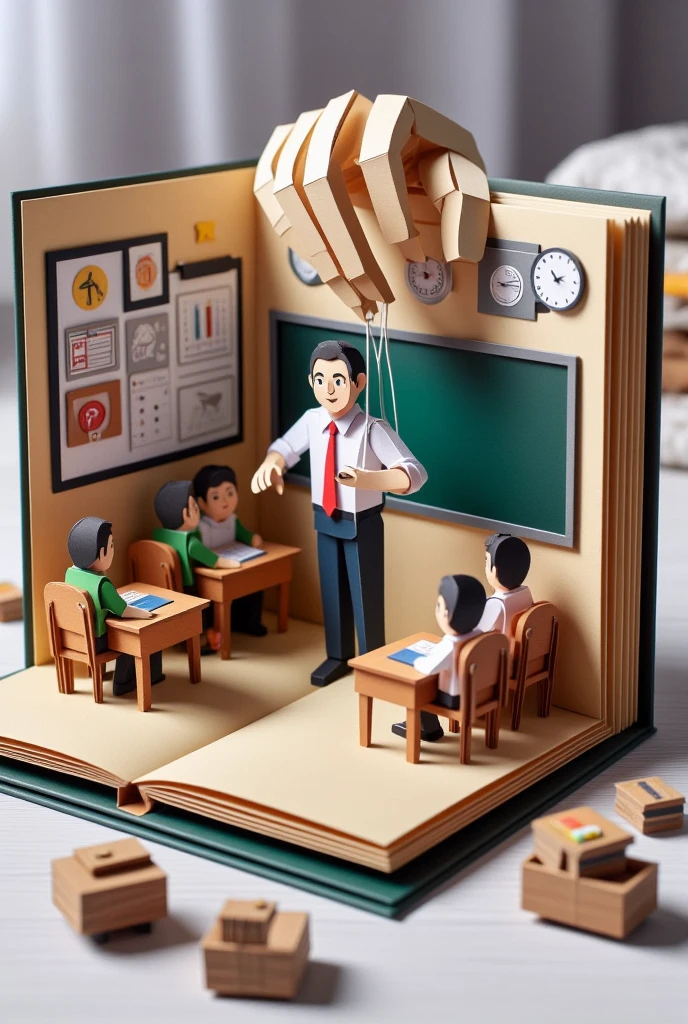 "An origami-style image depicting a classroom with a giant puppet hand controlling both the teacher and students, symbolizing ideological indoctrination."

