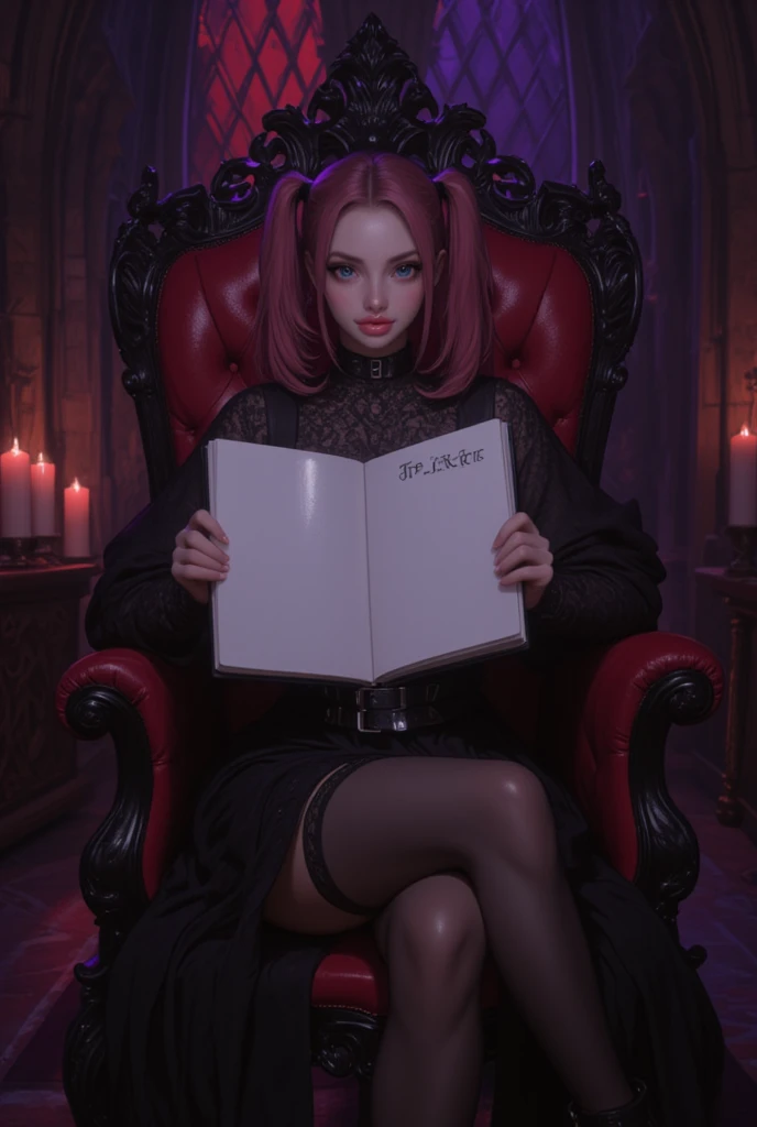 photo Realism style, digital painting, best quality, high detail, 1girl,solo,twin tails, bright hair color,fair skin,(false smile, empty eyes), gothic lolita fashion, black lace dress, black thigh-high stockings, black high-heeled boots, sitting pose on an ornate gothic chair, legs crossed, right hand holding a open thin notebook, a blank page , "Terika" written in the upper left, showing the notebook to the viewer,relaxed and confident expression, dimly lit environment, dark gothic background, intricate stone archways, stained glass windows with crimson and violet hues, flickering candles, shadows cast across the scene, subtle glowing light accents,BREAK, chromatic aberration, glowing light, anatomically correct, textured skin, super detail, UHD