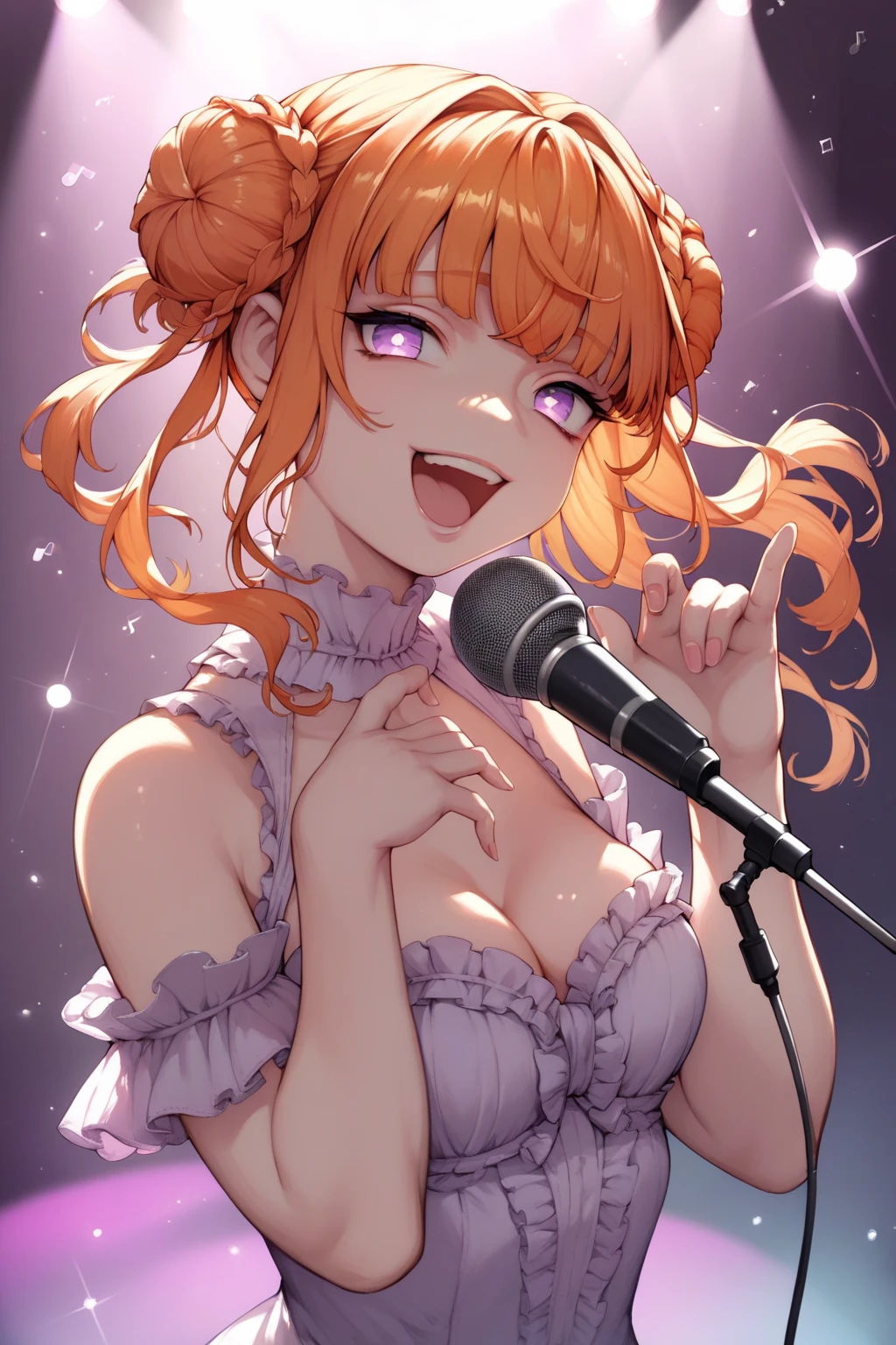 score_9, score_8_up, score_7_up, high resolution, 1girl, looking at viewer, beautiful face, detailed pupils, orange hair, triple bun, fringed bangs, light purple eyes, breasts, singing, mic, stage