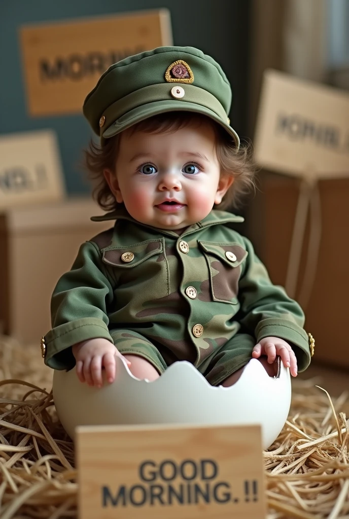 A 7-month-old baby in a photo shoot in a military uniform