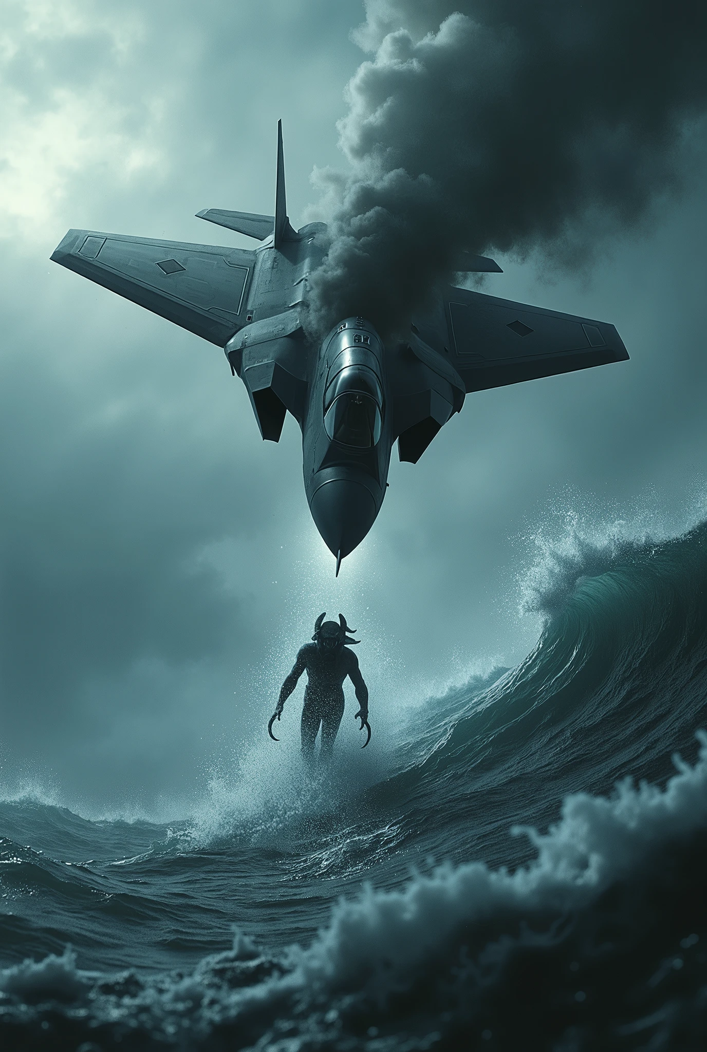 A dark horror fantasy in which a demon's hand reaches out from the sea, a jet-black stealth fighter jet dives vertically, and the pilot is pulled into the ocean, ultra detailed, absolutely resolution, masterpiece