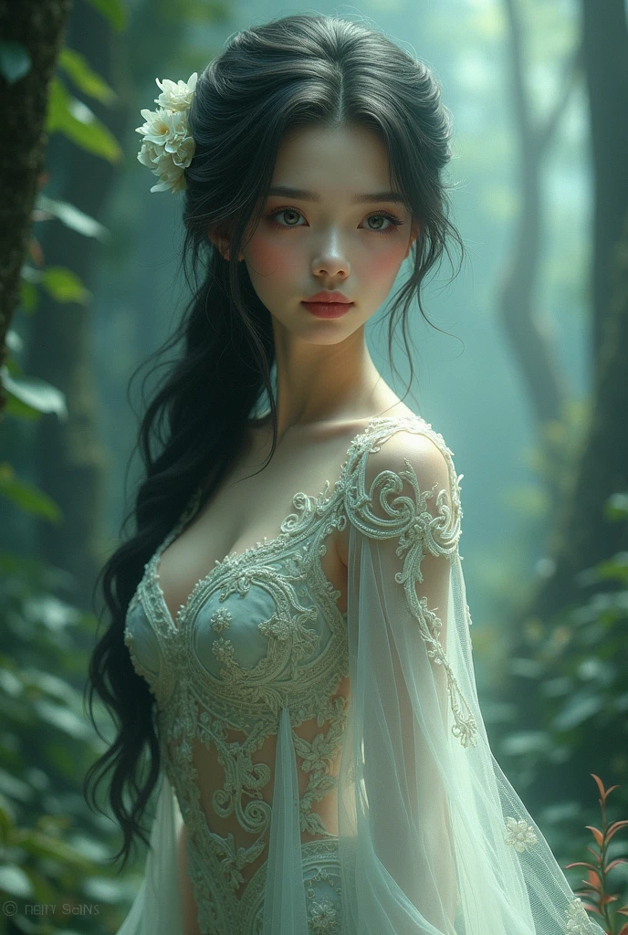 A beautiful masterpiece by Luis Royo, a realistic and top quality depiction of a beautiful girl with shiny, natural skin. This surreal portrait captures the essence of youth and beauty, with intricate details. Beautiful green forest and waterfalls.