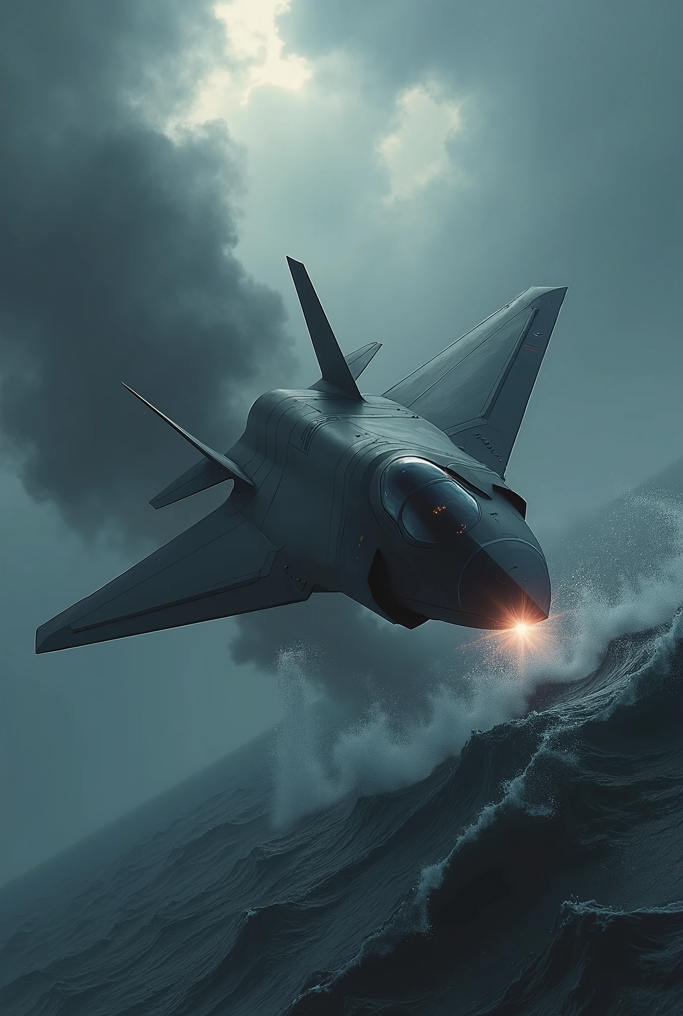 A jet-black stealth fighter jet has engine trouble and plummets into the ocean, black smoke, dark horror fantasy, ultra detailed, absolutely resolution, masterpiece