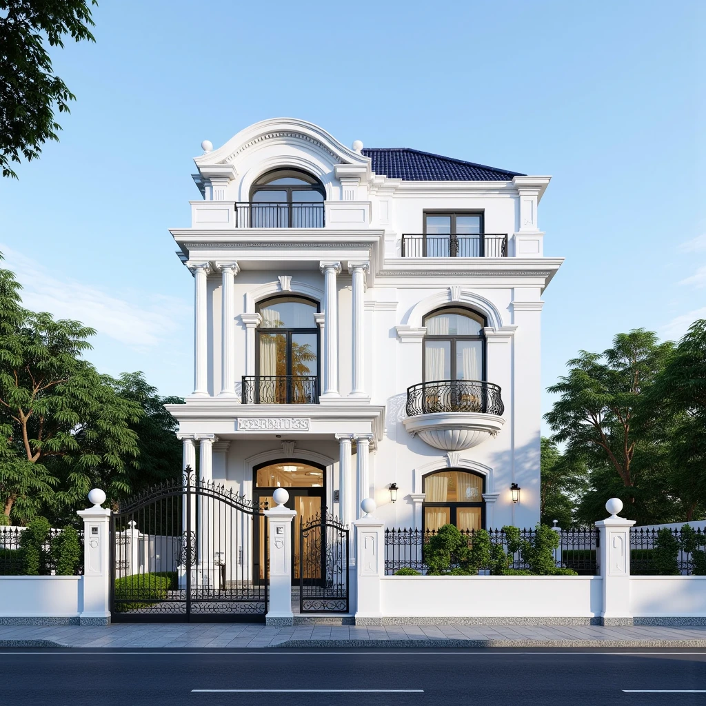 masterpiece, (photorealistic:1.2), best quality, ultra high res, exterior,architechture,modern house,white wall, glass windows,,trees,traffic road,design,trees around, blue sky,in the style of realistic hyper-detailed rendering, 32k uhd, Small Two stories Modern Neoclassicism villa, in the style of neoclassical scenes, white, (dark navy roof:1.2), daylight, decorative art nouveau, les nabis, masterpiece,ultra realistic,32k,extremely detailed CG unity 8k wallpaper, best quality