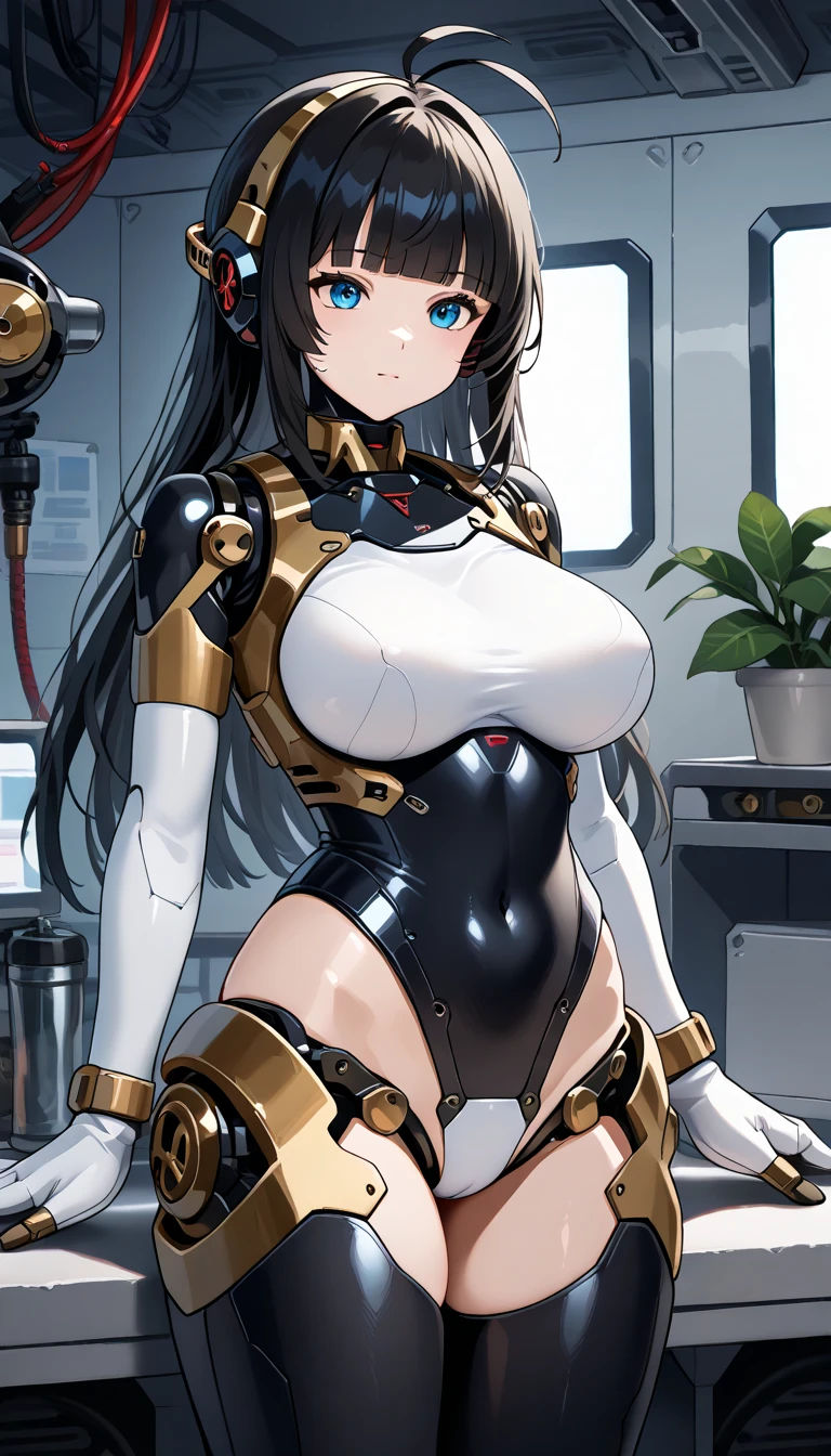 masterpiece, best quality, extremely detailed, (8K, 4K, Best Quality, hight resolution, 超A high resolution:1.1), ,8k portrait, Japaese android Girl,Plump , dark black leg cover,announcer,control panels,android,Droid,Mechanical Hand, Robot arms and legs, Black Robot Parts,Black long hair,Mechanical body,Blunt bangs,perfect mechanical abdomen,White robotics parts,perfect robot woman,future laboratory,cyber pank,charging spot,laboratory,long tube,thick cable connected her neck,white ceramic body ,perfect mechanical body, white robot body,lod antenna,mechanical ear cover,android,robot humanoid,black sponge joints,The removable cover is in the groin,The connection port is in the groin,opened chest panel,access panel on the chest,opened breast panel,perfect mechanical breast,perfect black machine body,perfect black android body,She has repaired,assembly plant,dark black tights,dark black leggings,smile,pussy,no human skin,visor