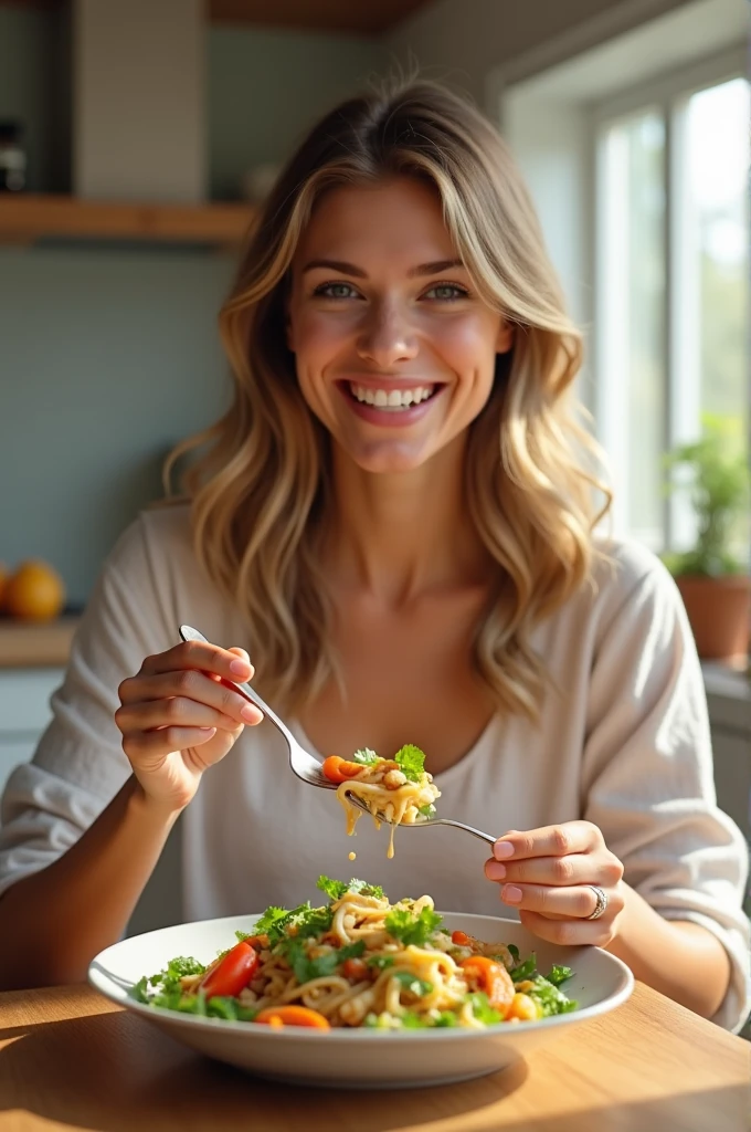 Hyperrealistic HD image of the real face of Princess Diana of Wales, British Princess Diana sitting in front of a white table, facing the front, trying to eat salad with a fork, high definition, high definition, high definition, high quality