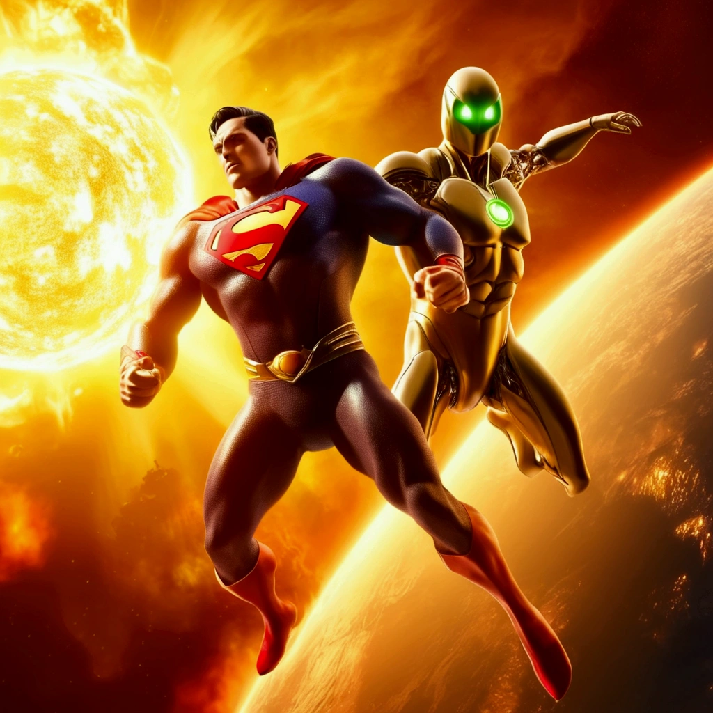 Super Man and a alien gold schemed robot are fighting furiously as they fall toward earth from orbit, they are surrounded in a corona of flame as they hurtle to Earth, view is above their fight looking down at their fight and the earth they are crashing towards
