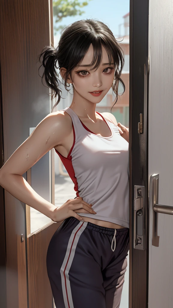 best quality, masterpiece, high_res, 1girl, Beautiful face, photo realistic, rim lighting, (high detailed skin:1.2), 8k uhd, dslr, high quality, high resolution, 4k, 8k, Bokeh, medium breasts, absurdres, ponytail contorted, best ratio four finger and one thumb, drenched shirt, drenched body, no bra, (realistic:1.2), white gym uniform, dimly lit, backlighting, dark, highly detailed