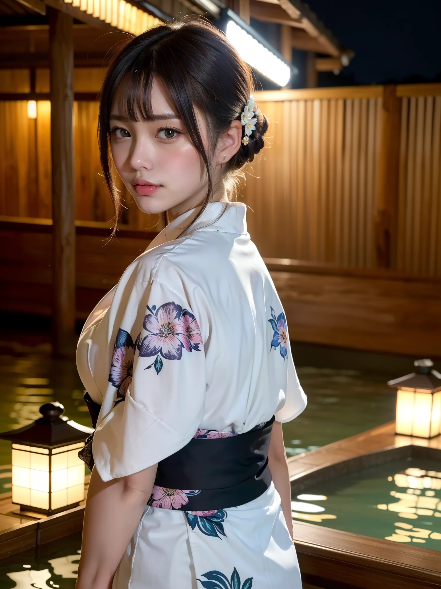 ((wearing a yukata:1.5)), ((full body)), cleavage,1girl,detailed face,beautiful detailed eyes,beautiful detailed lips,extremely detailed skin,extremely detailed face,long dark hair,looking at viewer,solo,upper body,sensual,alluring,seductive,elegant,graceful,cinematic lighting,dramatic shadows,warm color tones,glowing skin,soft focus,high quality,8k,realistic,photorealistic