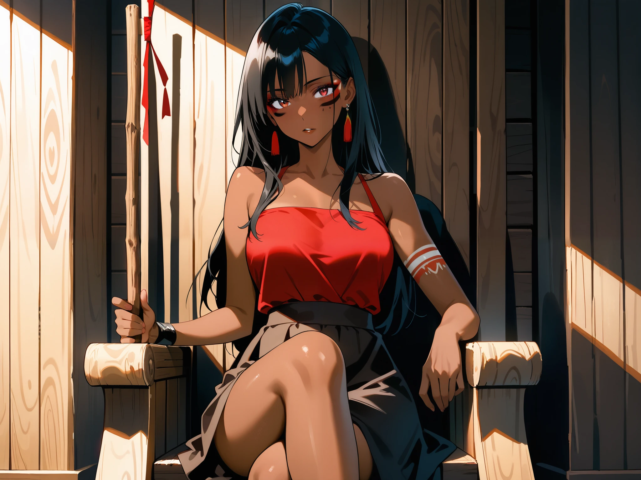 Mulher adulta de Indigenous appearance,  long black hair ,  tanned skin , Indigenous appearance, red tribal makeup , They only have one arm ,  wearing a black top and a long brown skirt , holding a thick wooden stick in his one hand,  sitting on a wooden throne next to a second throne,  wooden wall behind the trunks ,  dark anime art style 