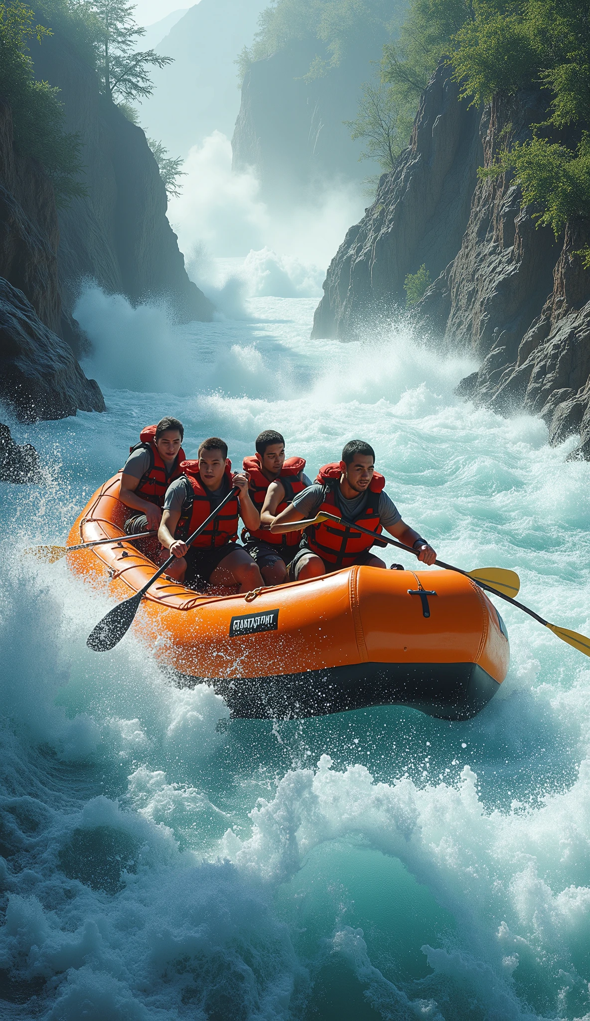 rafting, fast descents ,  on an orange boat ,  there are 6 people paddling and fighting between the rapids of a river,  mighty and dangerous 