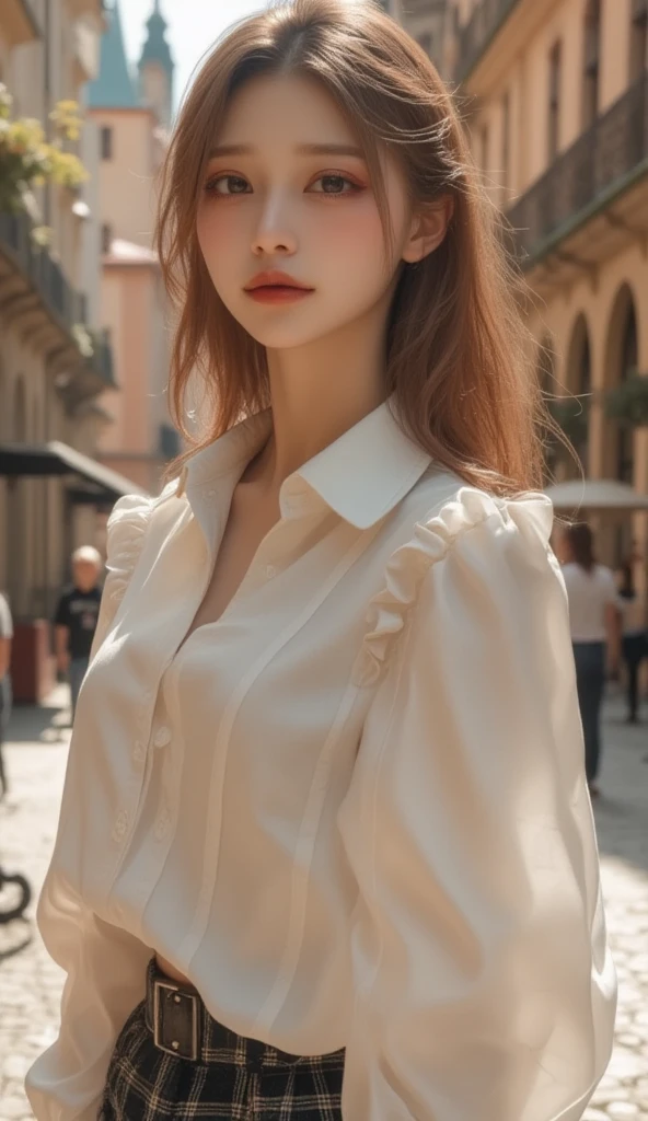 (masterpiece,  best image quality , 8k),Super realistic,  real photo ,Idol appearance,Prague Street ,Clear day ,adult,  perfection of fashion,The warm sunshine is falling, white shirt,blouse, Korean Makeup, Lip Tint, full body, frontal, faint smile,Outdoor, Exquisitely Painted , ultra high definition,  smooth skin,  The highly detailed , High quality,  High Details ,  high resolution,  out of focus background, pictorial, Standup,female,No hair accessories,