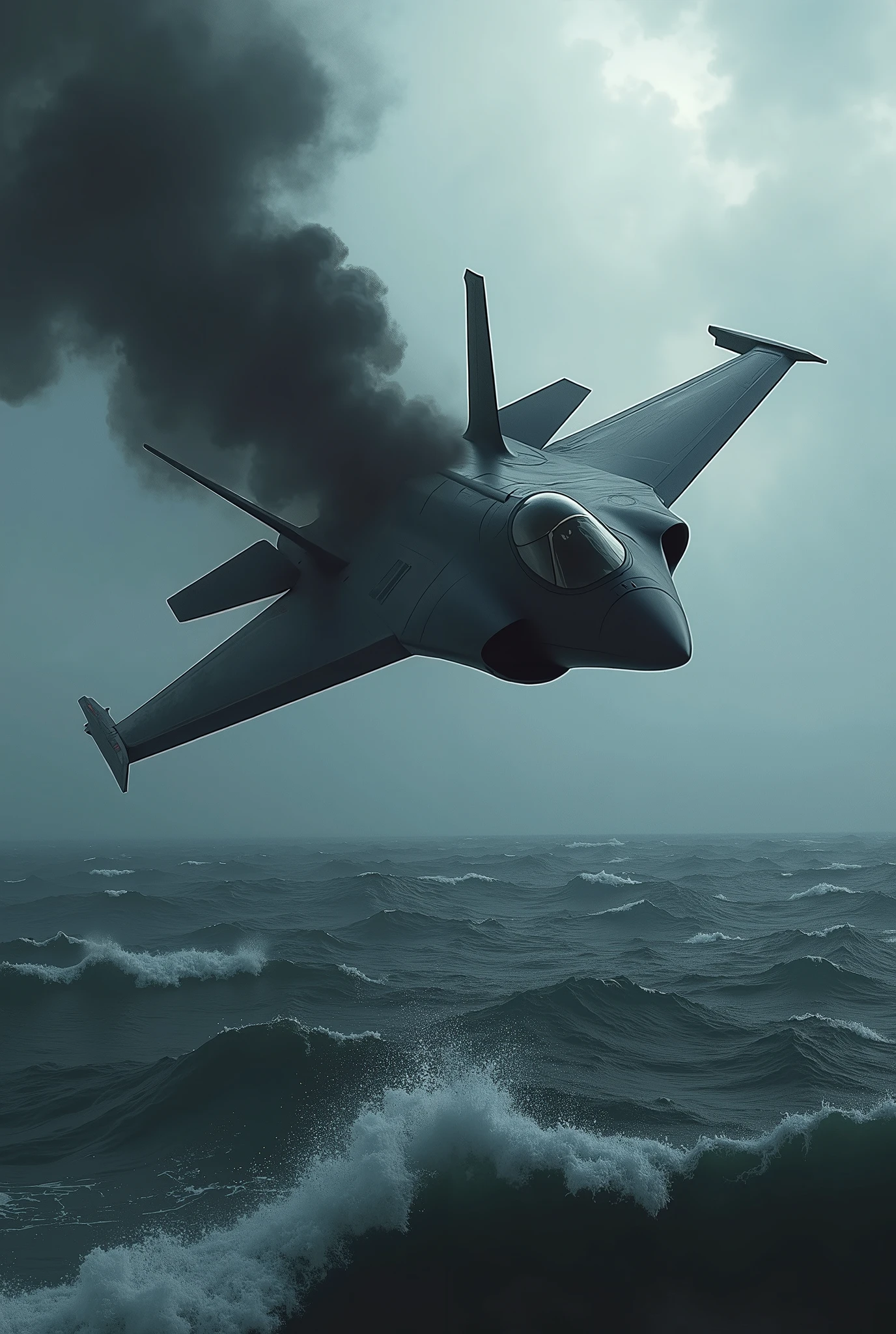 A jet-black stealth fighter jet has engine trouble and plummets into the ocean, black smoke, dark horror fantasy, ultra detailed, absolutely resolution, masterpiece