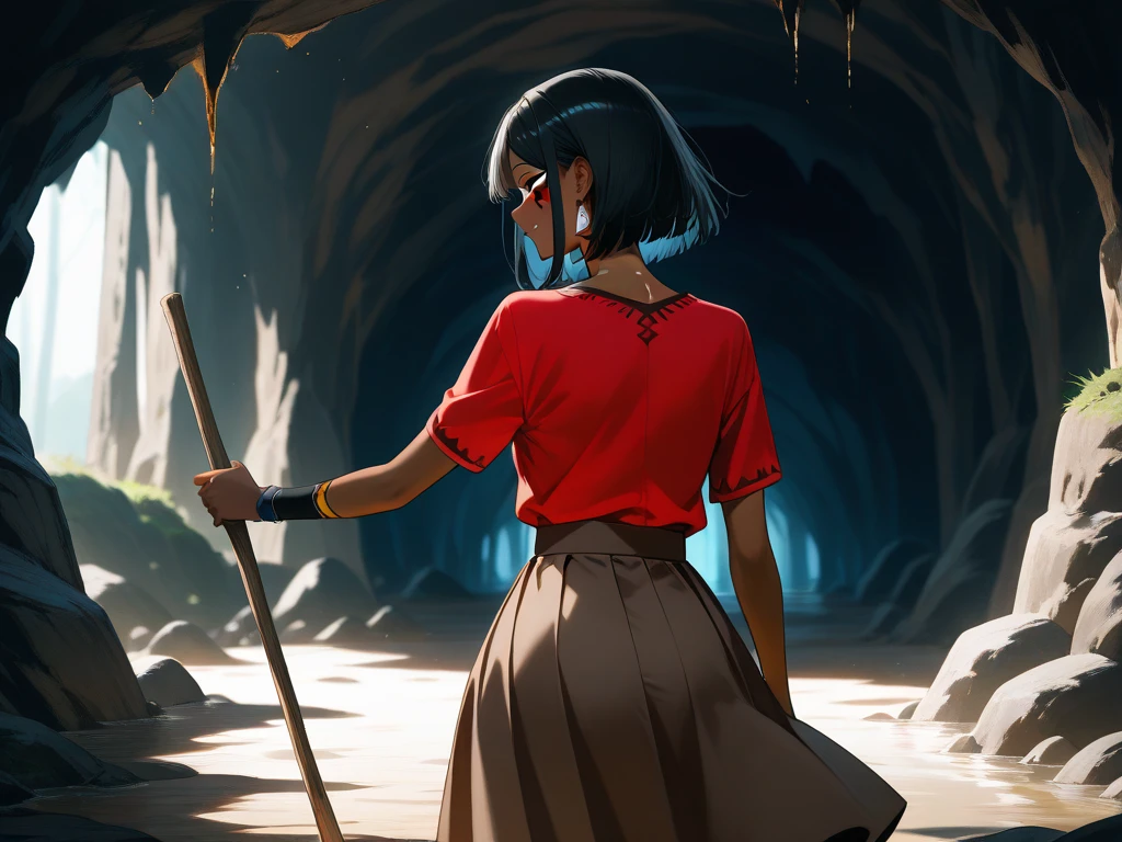 Mulher adulta de Indigenous appearance,  long black hair ,  tanned skin , Indigenous appearance, red tribal makeup , They only have one arm ,  wearing a black top and a long brown skirt , holding a thick wooden stick in his one hand, Scenery inside a dark cave with a lake in the background,  dark anime art style 