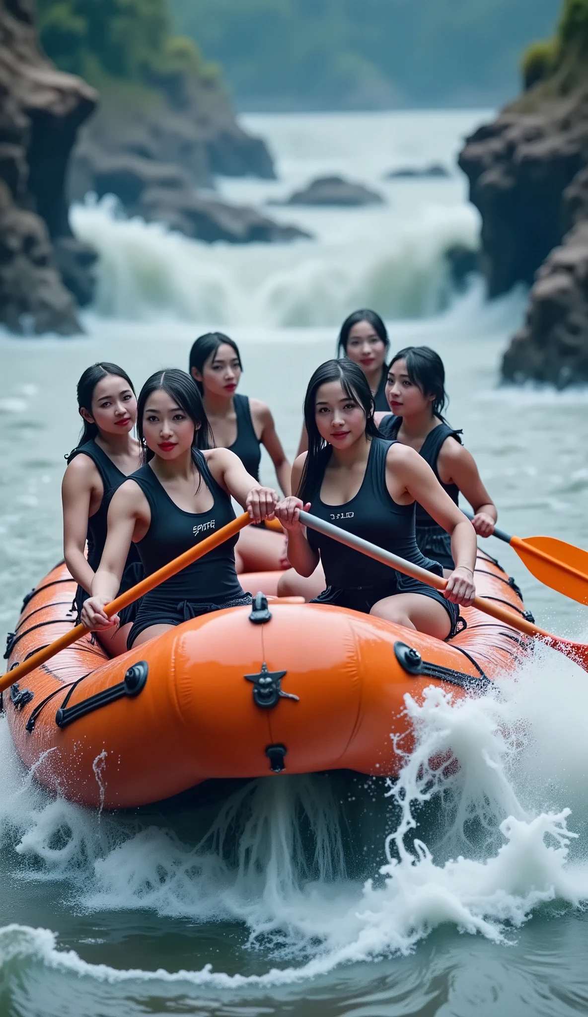  Anatomically correct ,  general plan , rafting, fast descents ,  on an orange boat ,  there are 6 people paddling and fighting between the rapids of a river,  mighty and dangerous 