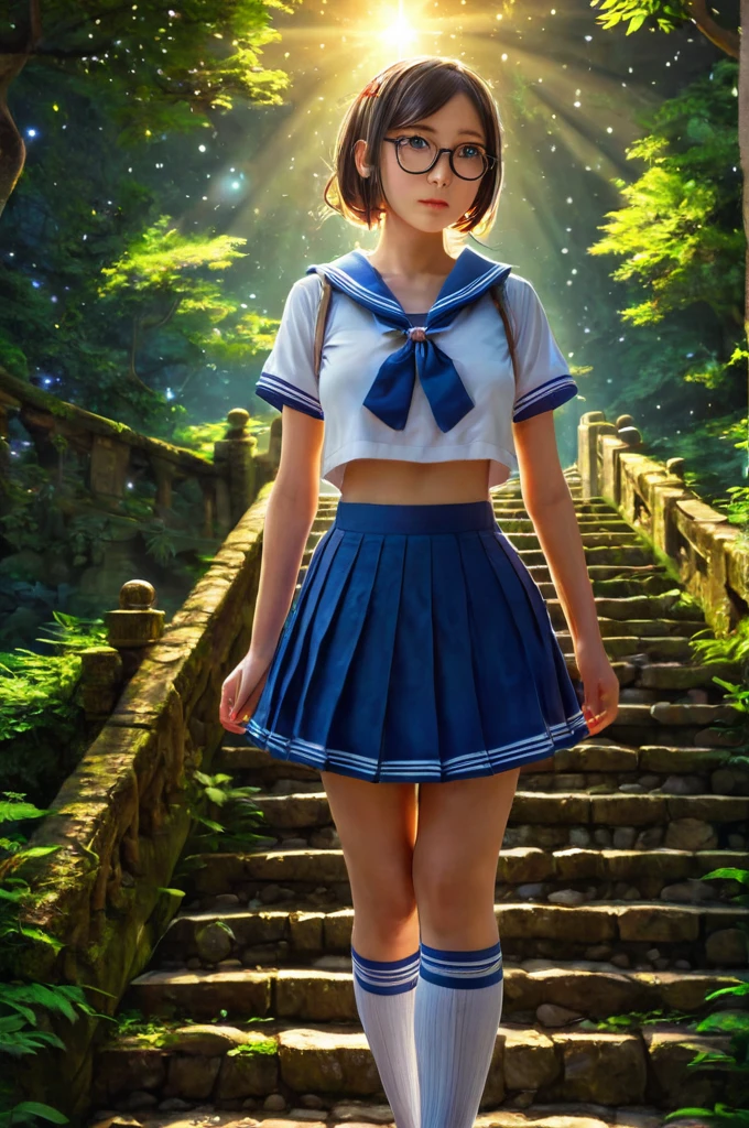 (masterpiece), (ultra-high detail), (best quality), Yuki with a serene expression, wearing a meticulously detailed blue skirt and glasses, dressed in a precisely designed serafuku summer uniform with intricate kneehighs. She stands gracefully on ancient temple stairs, surrounded by a lush, dense mountain forest at night. The Milky Way and countless stars illuminate the sky, casting a magical and ethereal glow over the entire scene. Yuki gazes directly at the viewer with a sense of wonder, as the serene ambiance encapsulates the beauty of the moment. 4K resolution, highly detailed, ultra-fine painting, Masterpiece, textured skin, fine details, solid color:1.2, Sharp focus, UHD, clear face, extreme lines, Photorealistic, retina, UHD, heavy color:1.2, high saturation, Realistic Vision, highly detailed, ultra-fine painting, Detailed depiction of the face, detailed depiction of the eyes, High brightness, high saturation, low saturation, highlight particle, Extreme light and shadow, picture stroke detail enhancement, High contrast, solid color:1.2, expressive eyes, Lush green forest with sunlight filtering through the leaves, High-resolution photograph of a bustling street market, vibrant colors, Hyper-realistic drawing style, intricate details