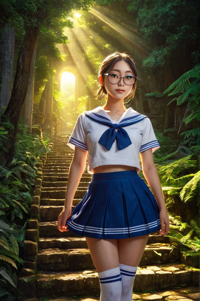 (masterpiece), (ultra-high detail), (best quality), Yuki with a serene expression, wearing a meticulously detailed blue skirt and glasses, dressed in a precisely designed serafuku summer uniform with intricate kneehighs. She stands gracefully on ancient temple stairs, surrounded by a lush, dense mountain forest at night. The Milky Way and countless stars illuminate the sky, casting a magical and ethereal glow over the entire scene. Yuki gazes directly at the viewer with a sense of wonder, as the serene ambiance encapsulates the beauty of the moment. 4K resolution, highly detailed, ultra-fine painting, Masterpiece, textured skin, fine details, solid color:1.2, Sharp focus, UHD, clear face, extreme lines, Photorealistic, retina, UHD, heavy color:1.2, high saturation, Realistic Vision, highly detailed, ultra-fine painting, Detailed depiction of the face, detailed depiction of the eyes, High brightness, high saturation, low saturation, highlight particle, Extreme light and shadow, picture stroke detail enhancement, High contrast, solid color:1.2, expressive eyes, Lush green forest with sunlight filtering through the leaves, High-resolution photograph of a bustling street market, vibrant colors, Hyper-realistic drawing style, intricate details