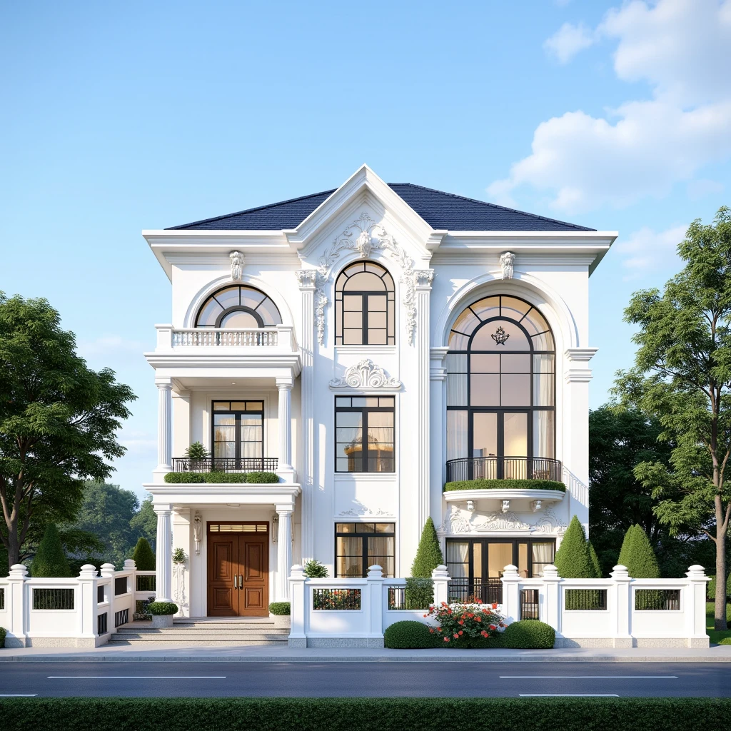 masterpiece, (photorealistic:1.2), best quality, ultra high res, exterior,architechture,modern house,white wall, glass windows,,trees,traffic road,design,trees around, blue sky,in the style of realistic hyper-detailed rendering, 32k uhd, Small Two stories Modern Neoclassicism villa, in the style of neoclassical scenes, white, (dark navy roof:1.2), daylight, decorative art nouveau, les nabis, masterpiece,ultra realistic,32k,extremely detailed CG unity 8k wallpaper, best quality